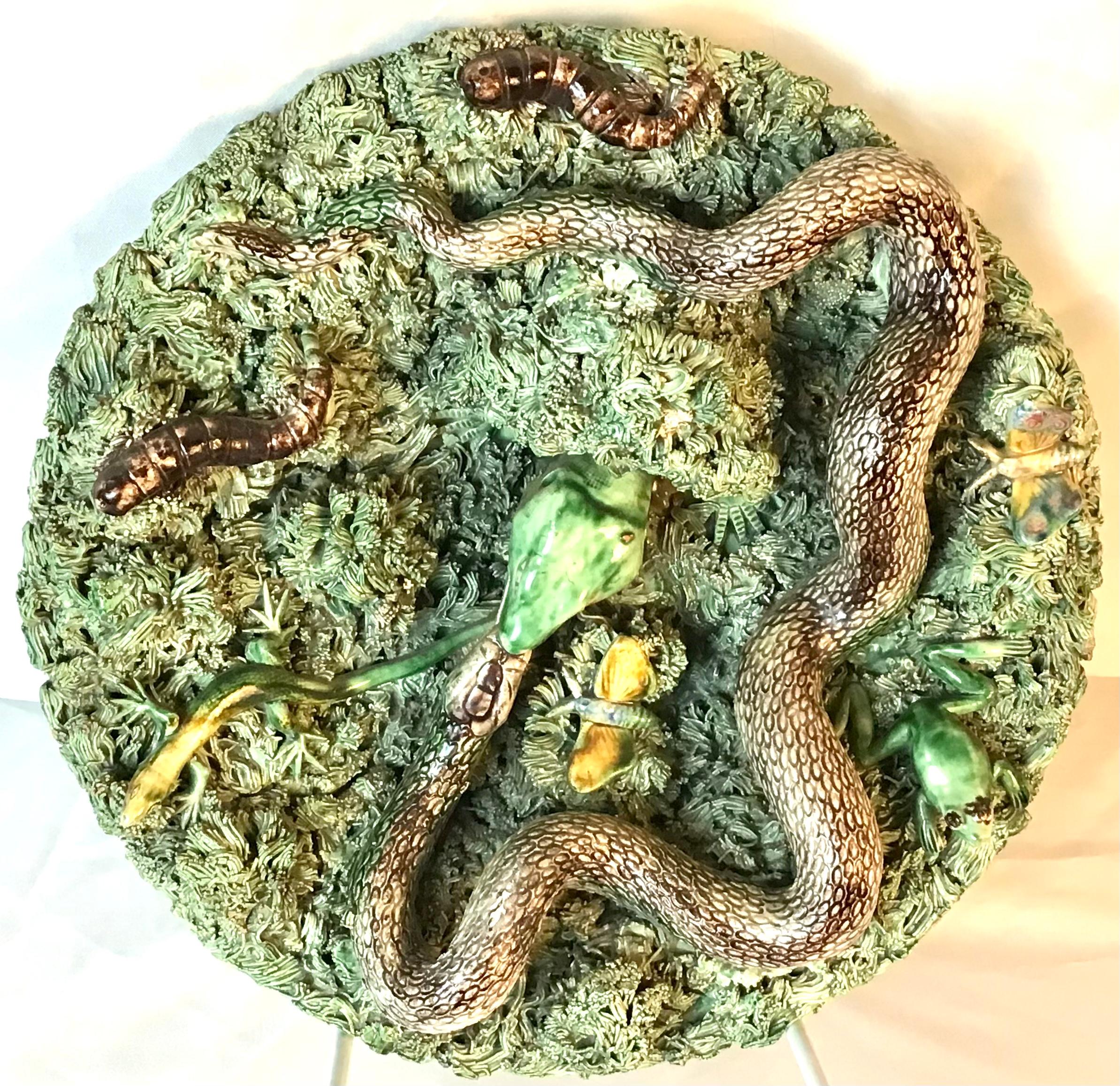 Pottery 19th Majolica Palissy Snake and Lizard Wall Platter Jose Alves Cunha For Sale