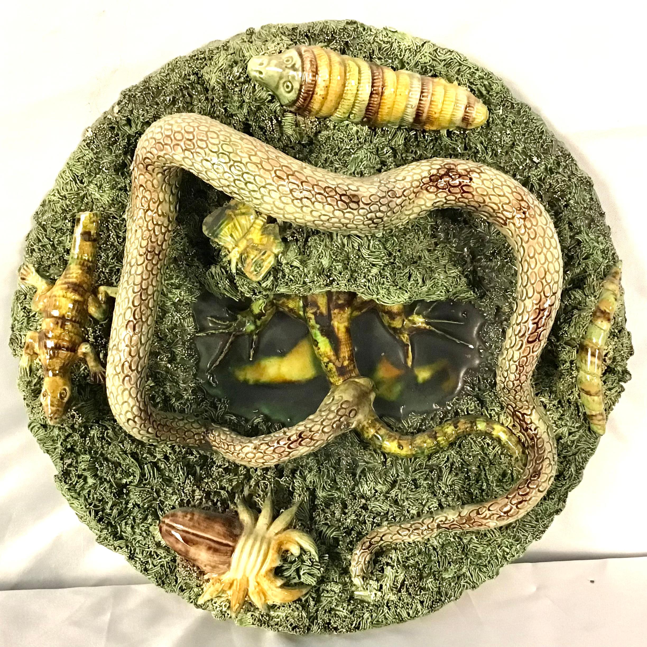 19th Majolica Palissy Snake and Lizard Wall Platter Jose Alves Cunha For Sale 2