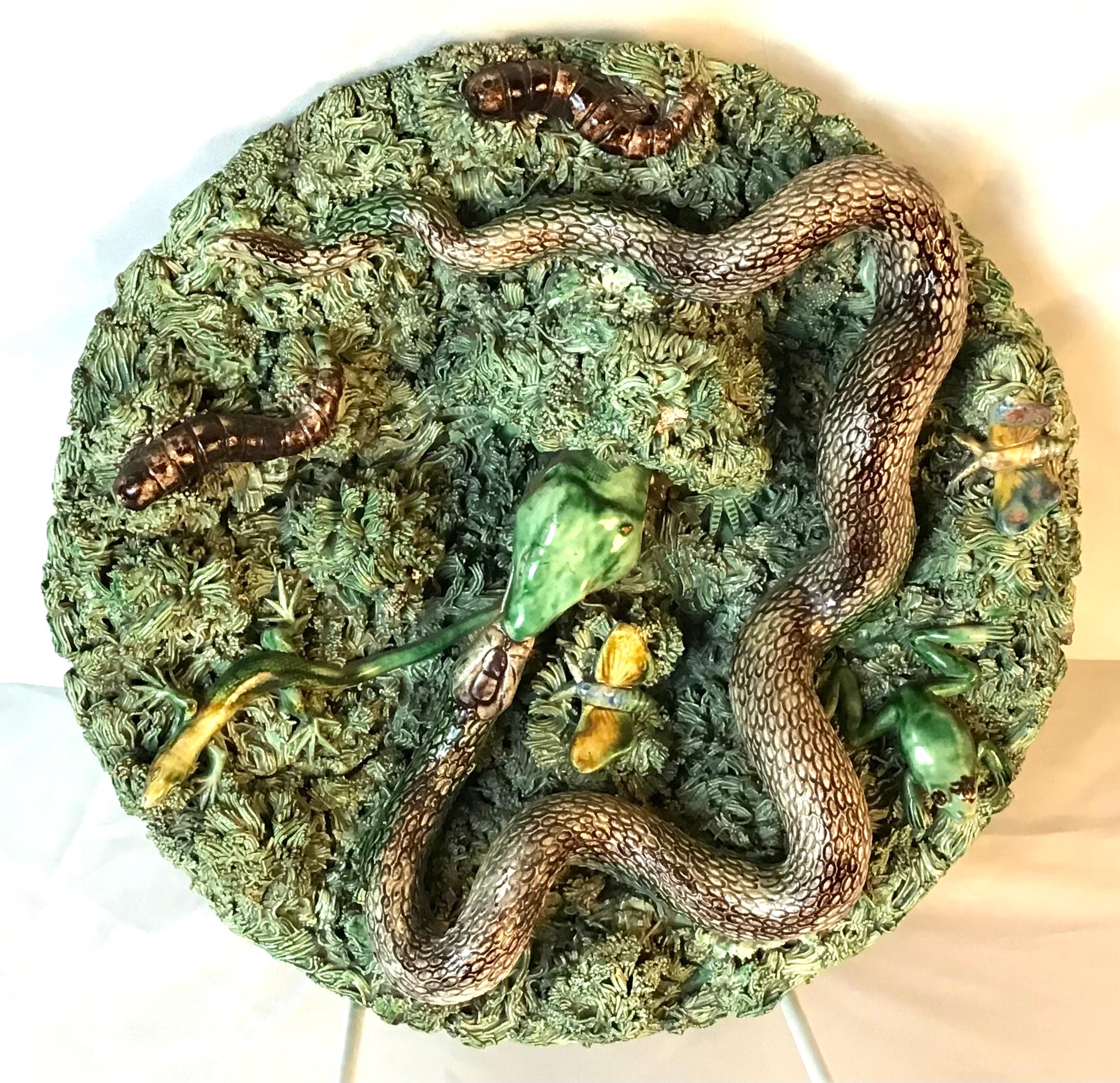 19th Majolica Palissy Snake and Lizard Wall Platter Jose Alves Cunha For Sale 1