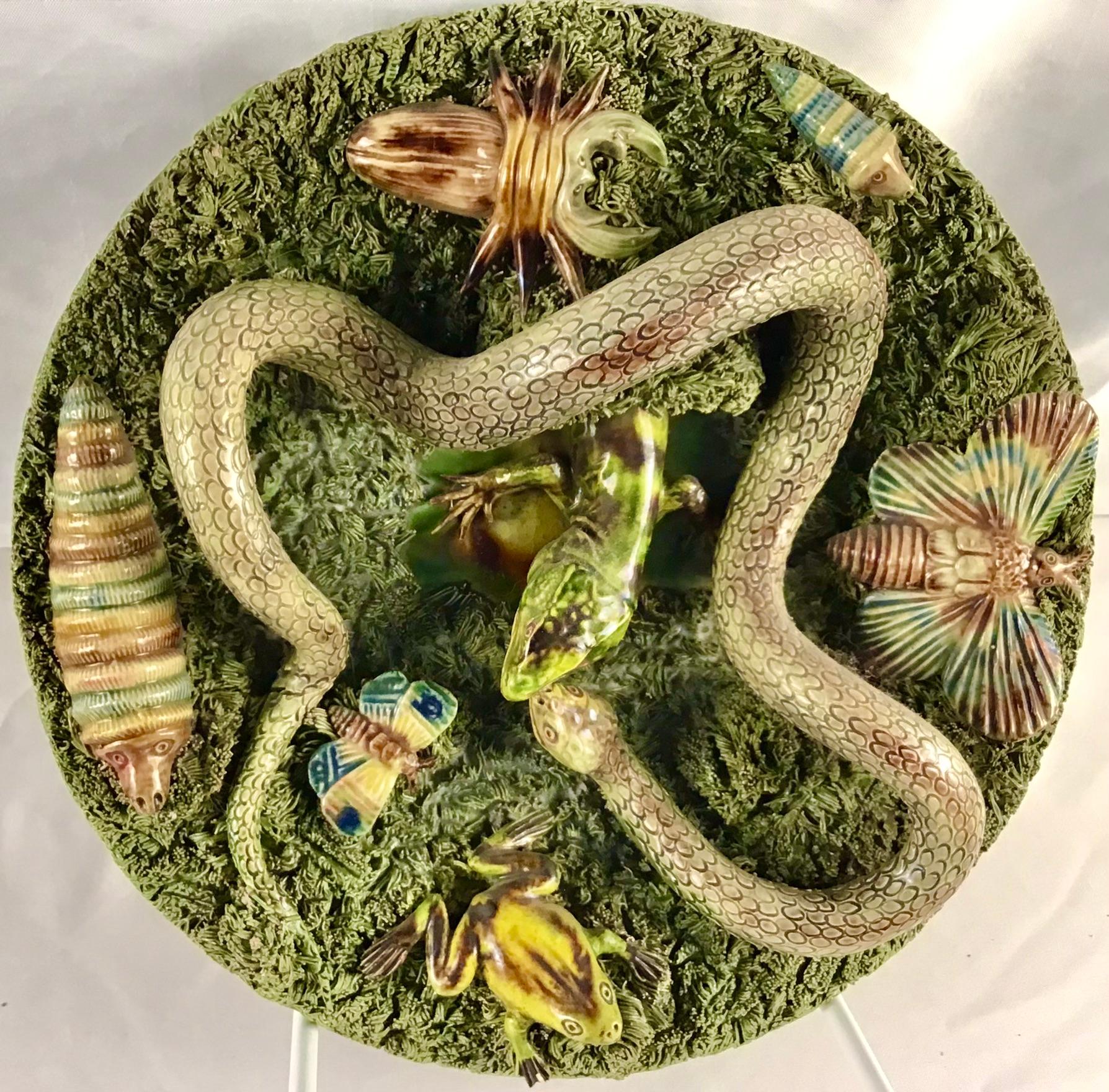 19th Majolica Palissy Snake and Lizard Wall Platter Jose Alves Cunha For Sale 1