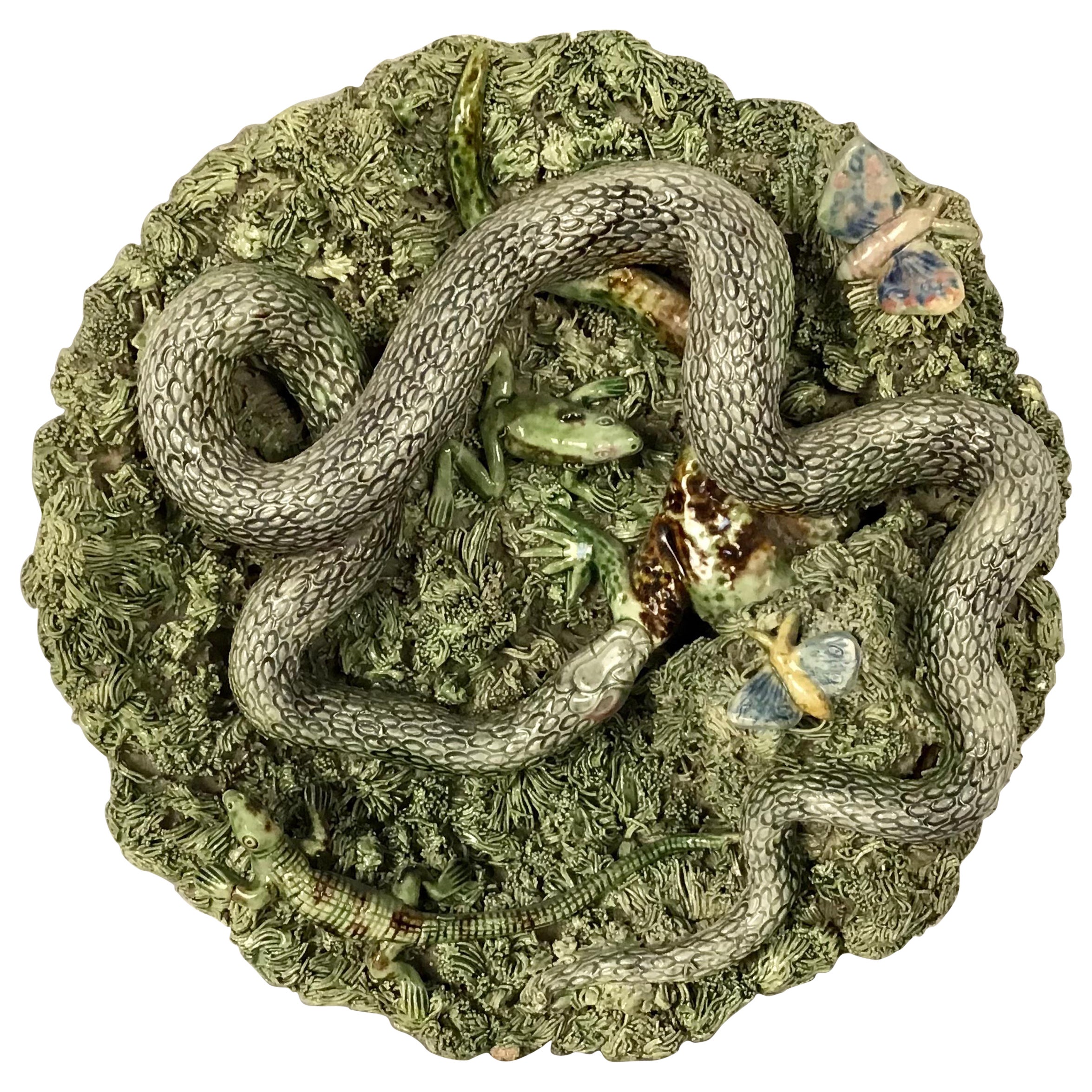 19th Majolica Palissy Snake and Lizard Wall Platter Jose Alves Cunha