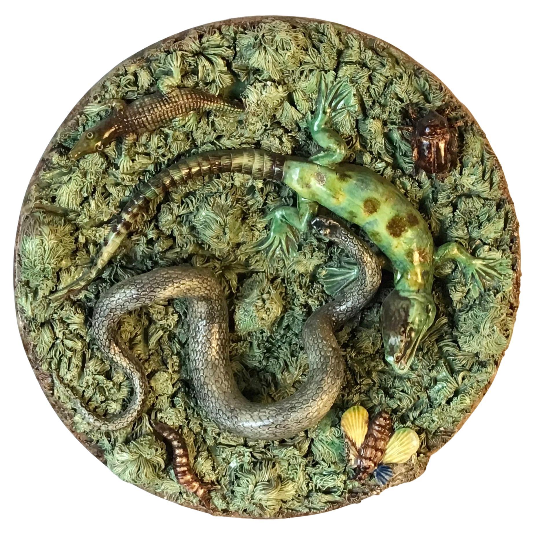 19th Majolica Palissy Snake and Lizard Wall Platter Jose Alves Cunha