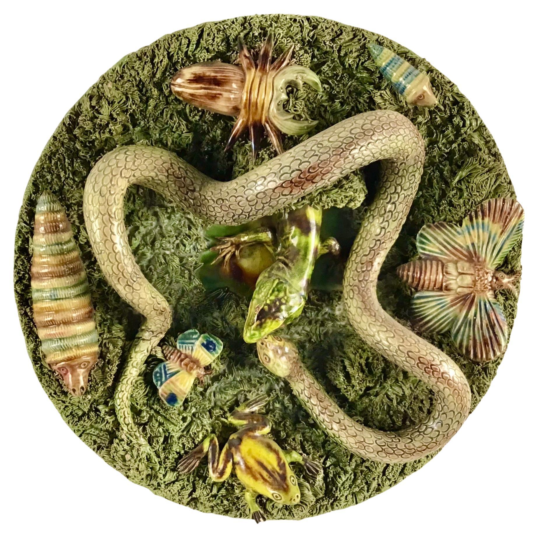 19th Majolica Palissy Snake and Lizard Wall Platter Jose Alves Cunha