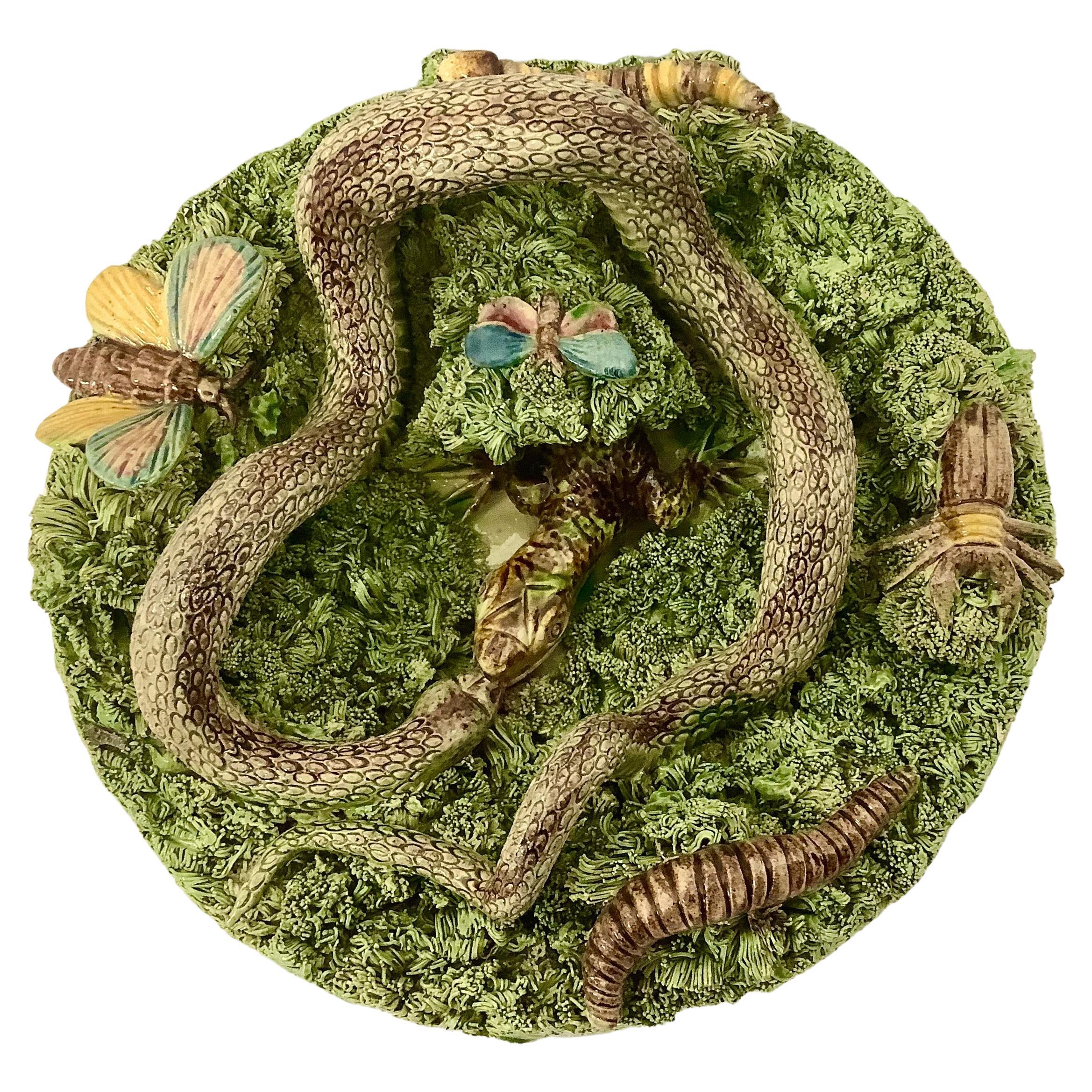 19th Majolica Palissy Snake and Lizard Wall Platter Jose Alves Cunha For  Sale at 1stDibs