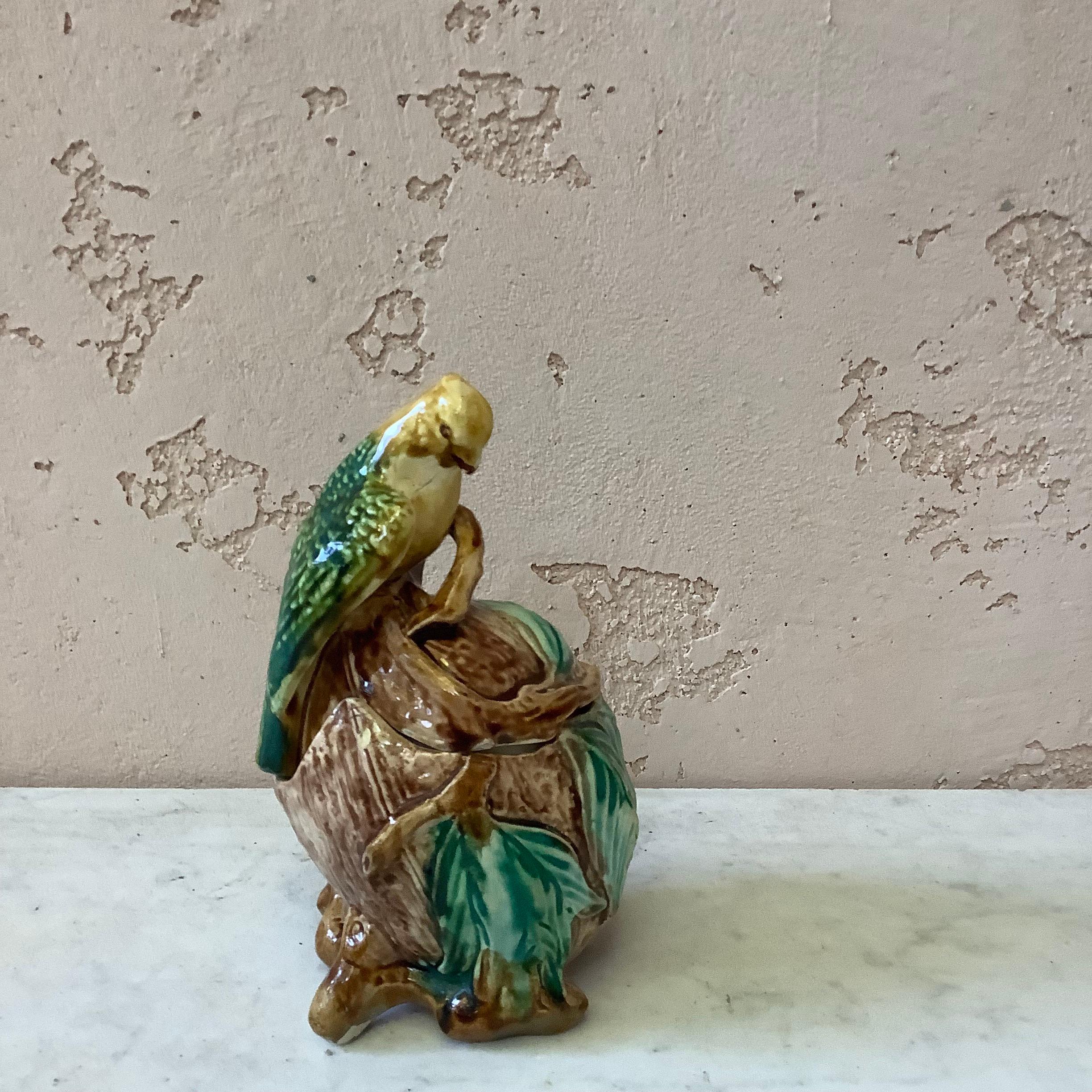 French Provincial 19th Majolica Parrot Tobacco Jar Onnaing For Sale