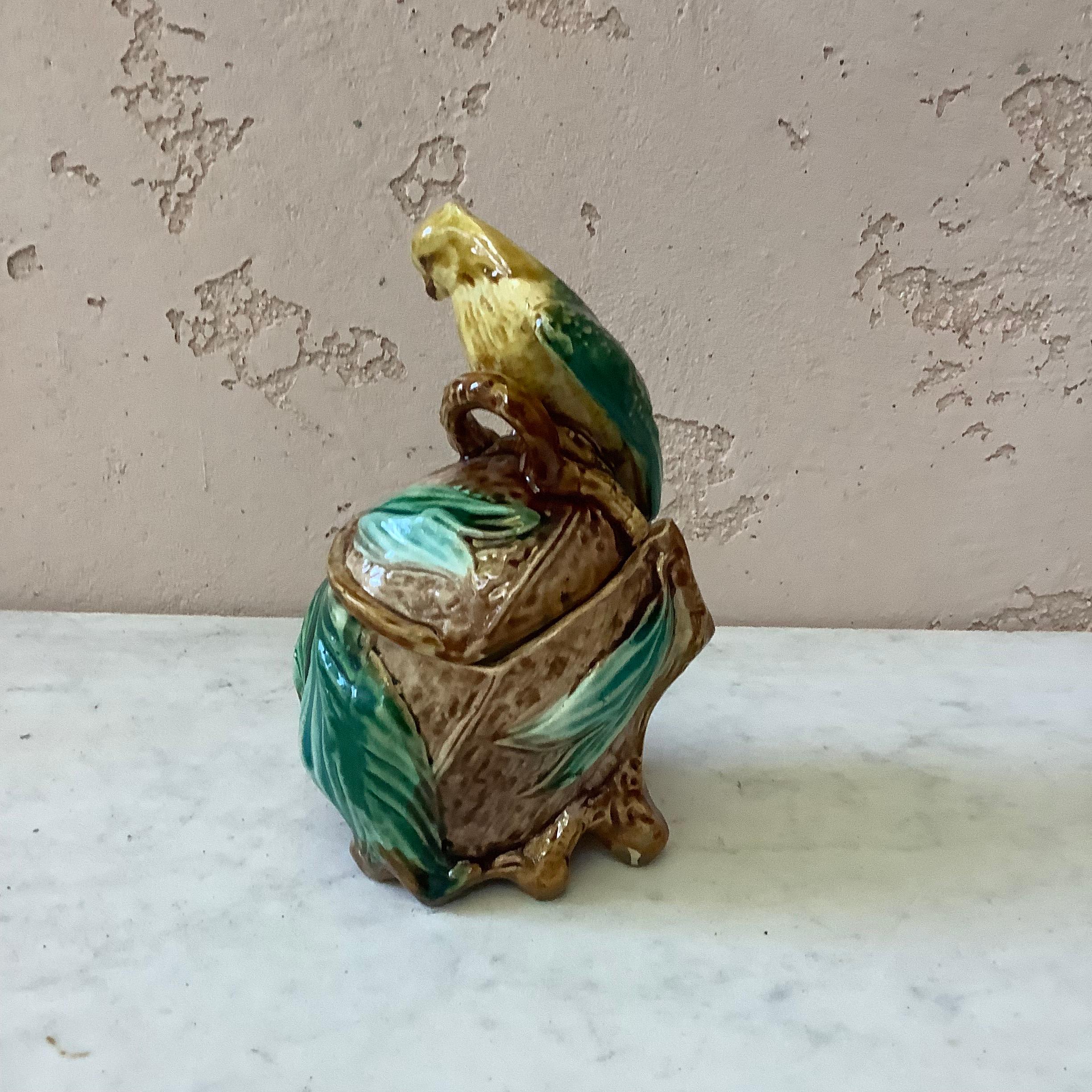 French 19th Majolica Parrot Tobacco Jar Onnaing For Sale