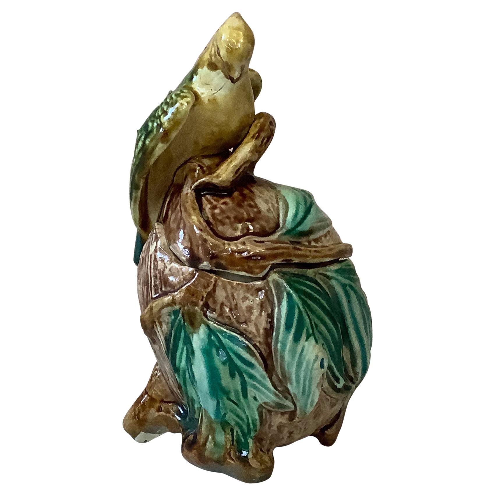 19th Majolica Parrot Tobacco Jar Onnaing For Sale