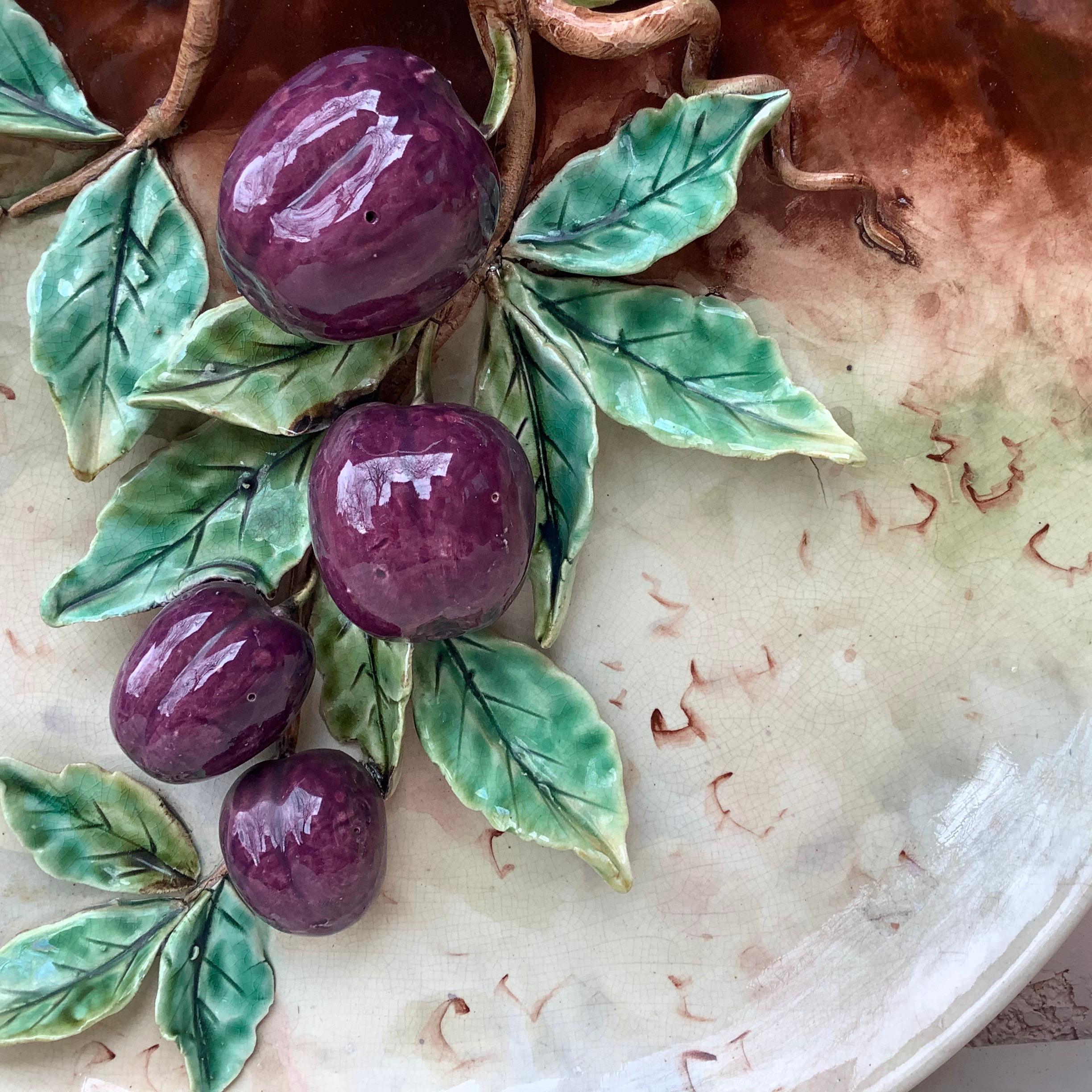French 19th Century Majolica Plums Wall Platter Fives Lille