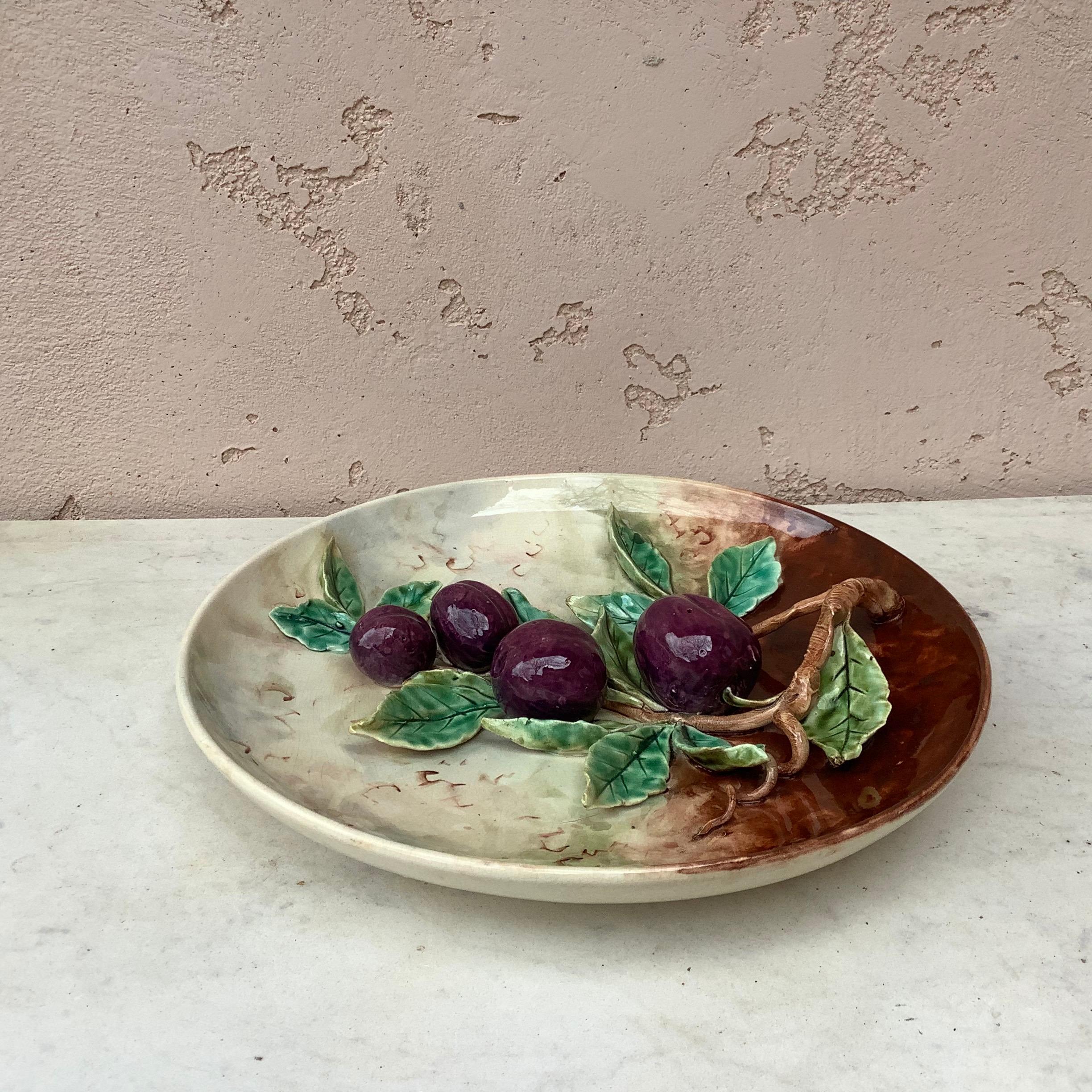 Late 19th Century 19th Century Majolica Plums Wall Platter Fives Lille For Sale