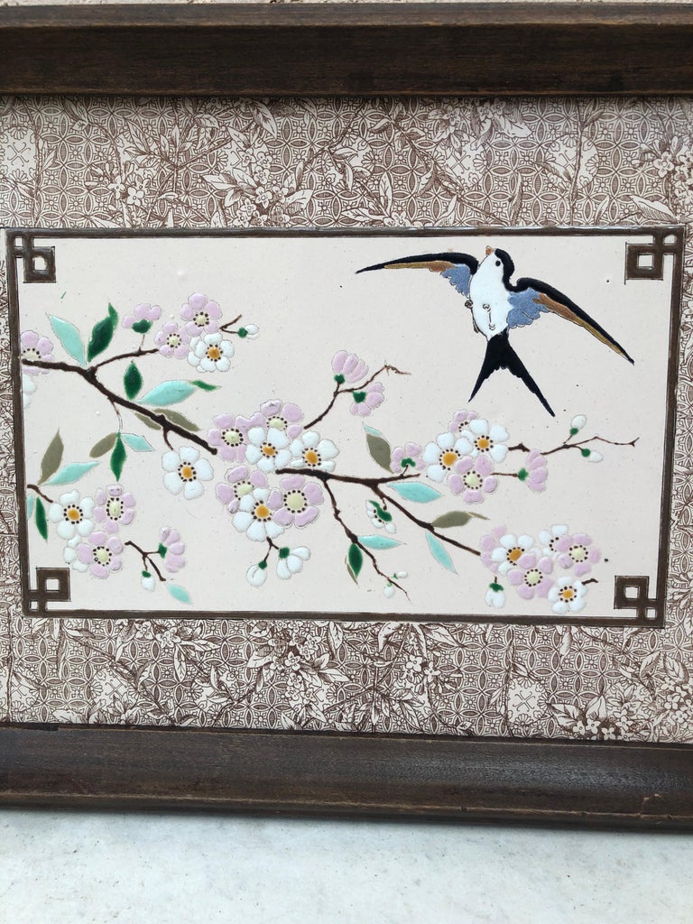 Japonisme 19th Century Majolica Serving Tray with Birds Sarreguemines For Sale