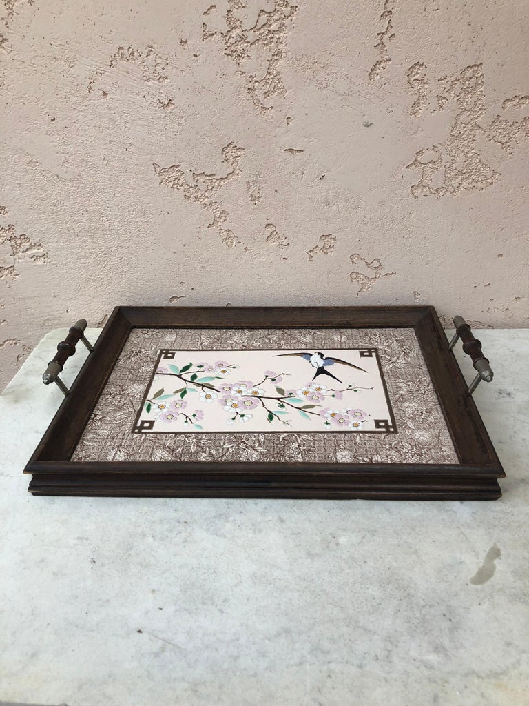 Metal 19th Century Majolica Serving Tray with Birds Sarreguemines For Sale