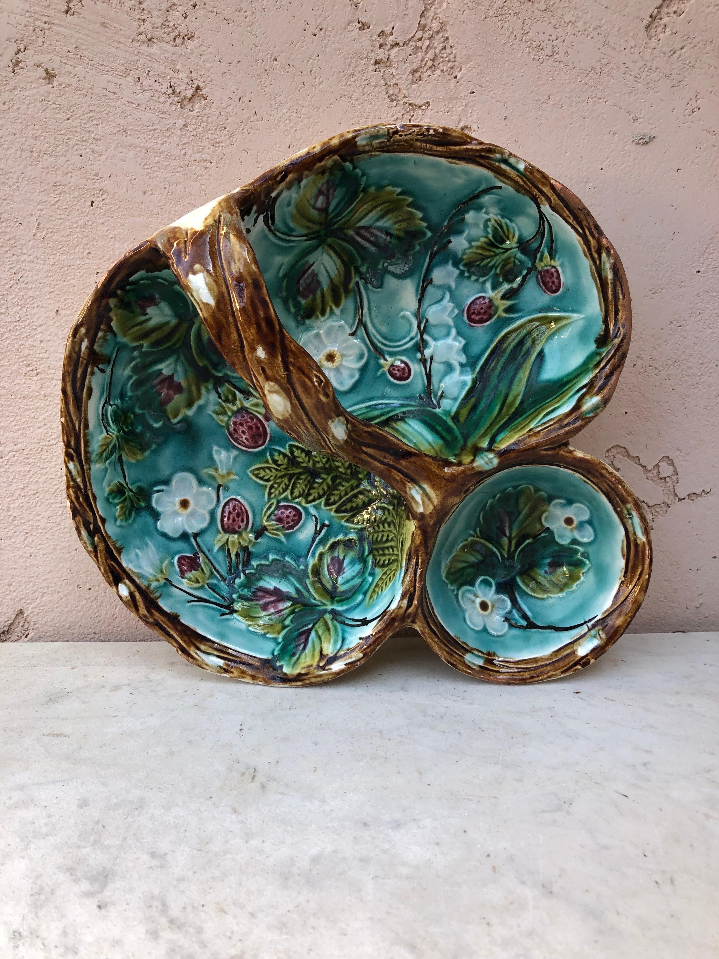 French Majolica strawberries handled platter circa 1890.