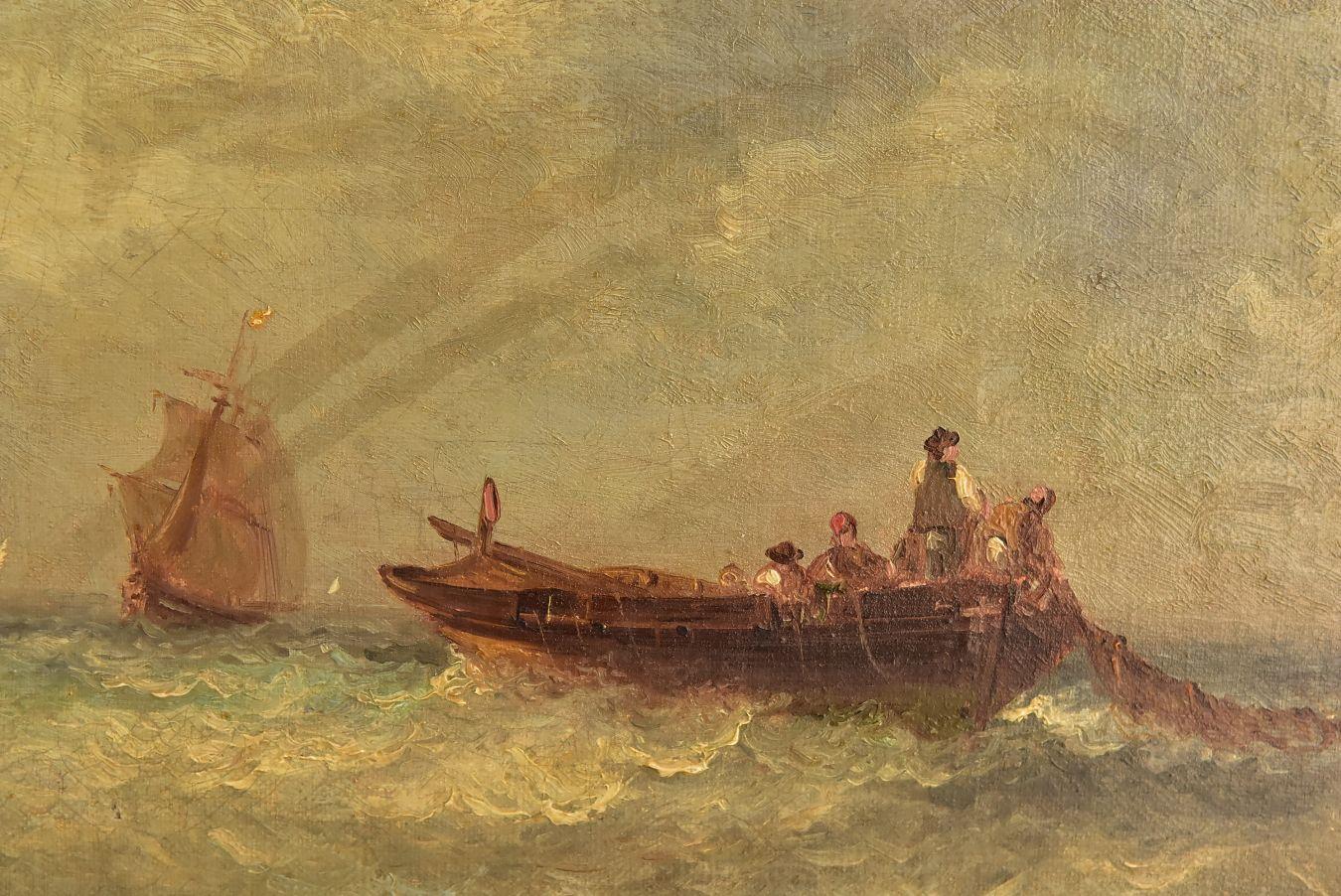 Peinture à l'huile de marine de la fin du XIXe siècle représentant un bateau de pêche en mer avec des voiliers au loin. Période de Paul Seignon (1820-1890).