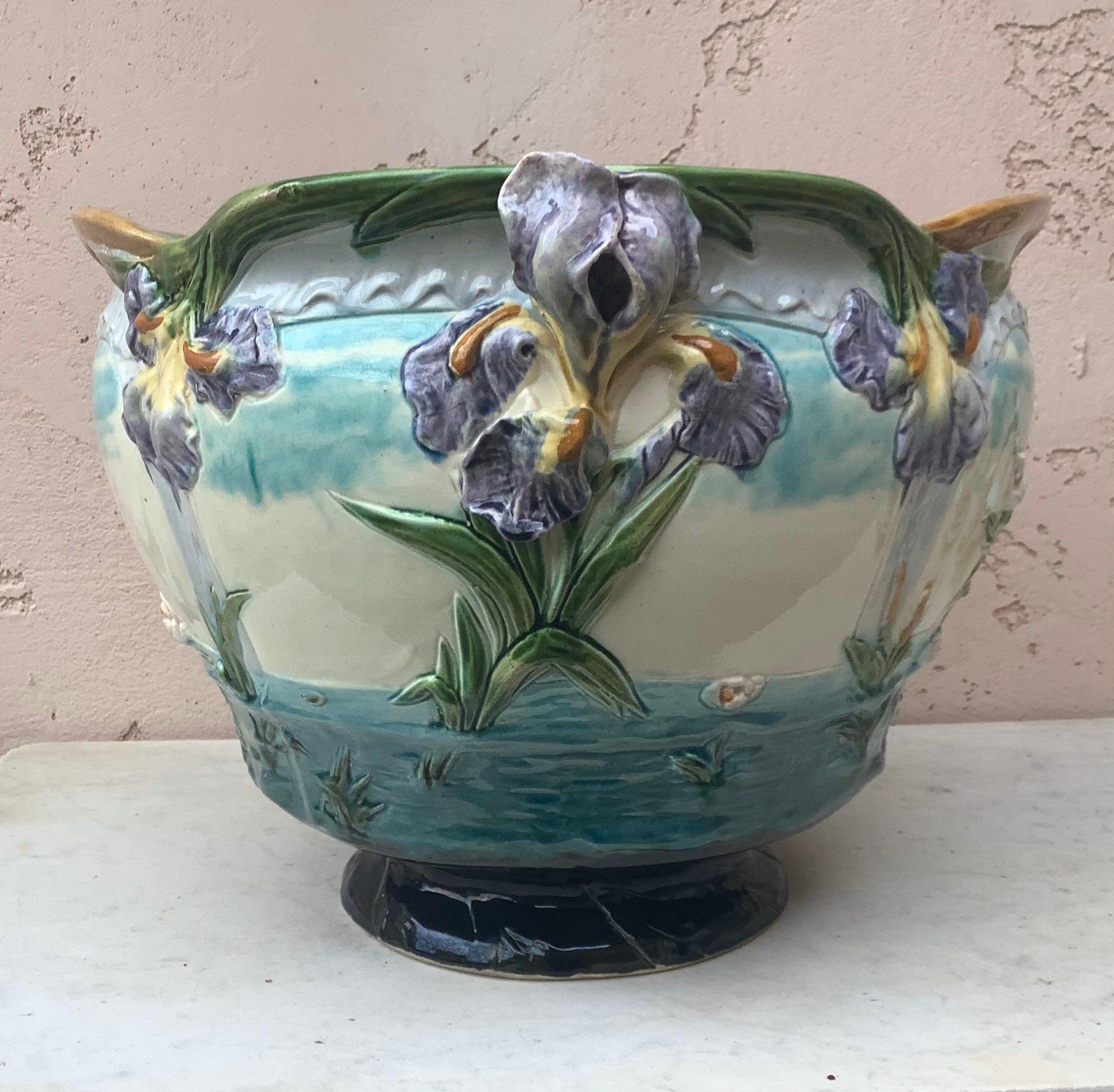19th-Century monumental Majolica jardinière with Iris and aquatic plants attributed to Luneville.
This jardinière is inspired by the Art Nouveau and the Naturalism movement of the end of 19th century.