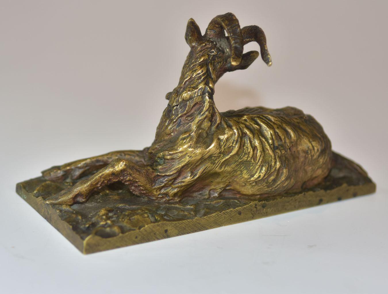 French 19th Century Mouflon at Rest Bronze with Medal Patina by Fratin For Sale