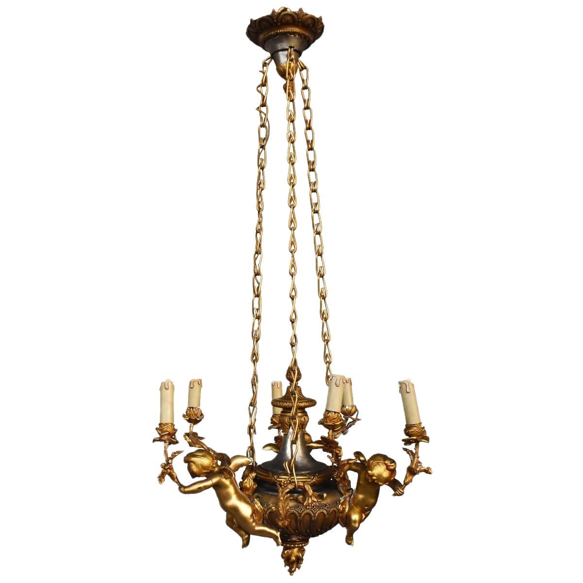 19th Napoleon III Period Gilt Bronze Chandelier with Putti For Sale