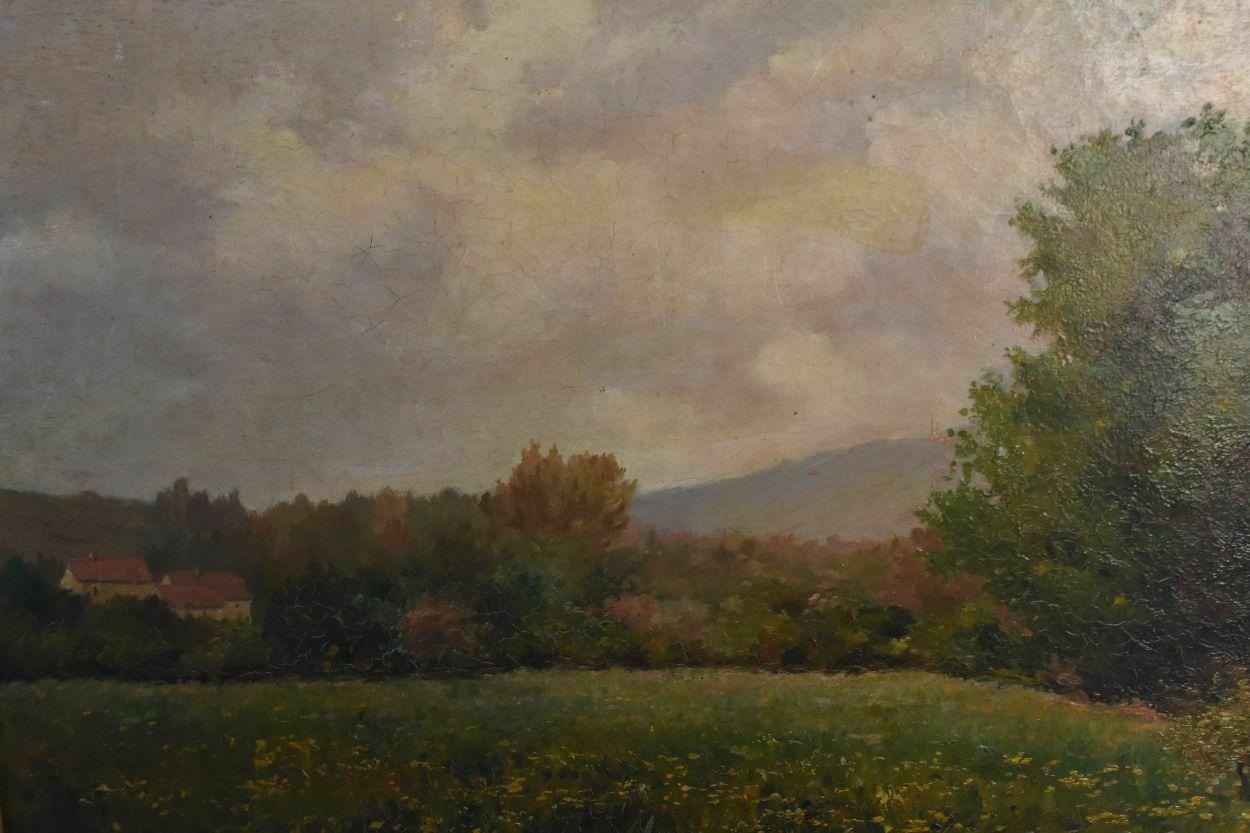 Paesaggio del XIX secolo olio su tela di Paul Huet (1803-1869) in cornice di legno e firma in stucco dorato in basso a destra. Dimensioni interne 61 x 44 cm dimensioni esterne 81 cm x 63 cm.