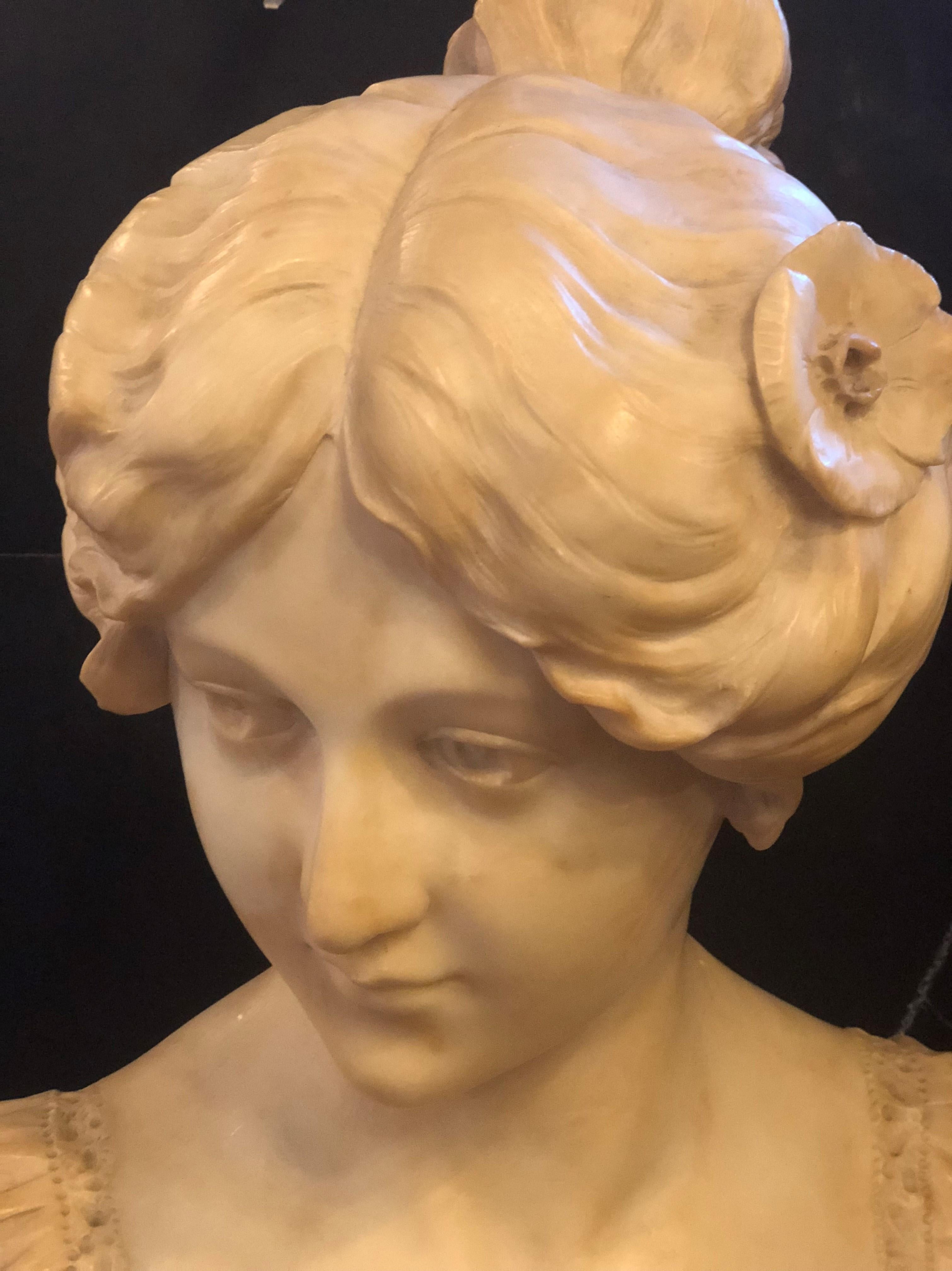 Neoclassical 19th or Early 20th Century Marble Bust of a Young Woman Signed on Reverse