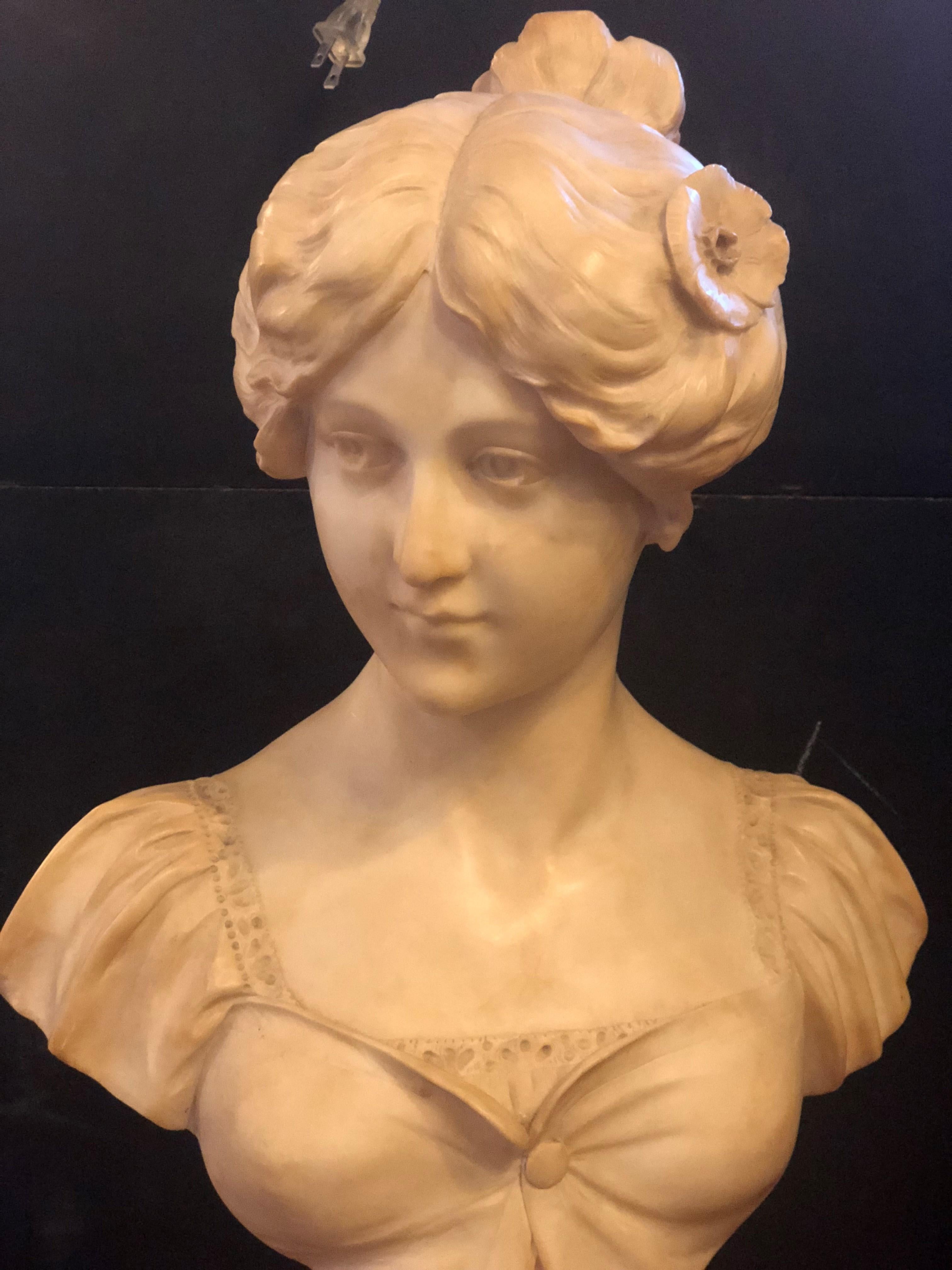French 19th or Early 20th Century Marble Bust of a Young Woman Signed on Reverse