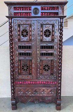 19th Ornate Country Hand Carved Armoire or Cupboard