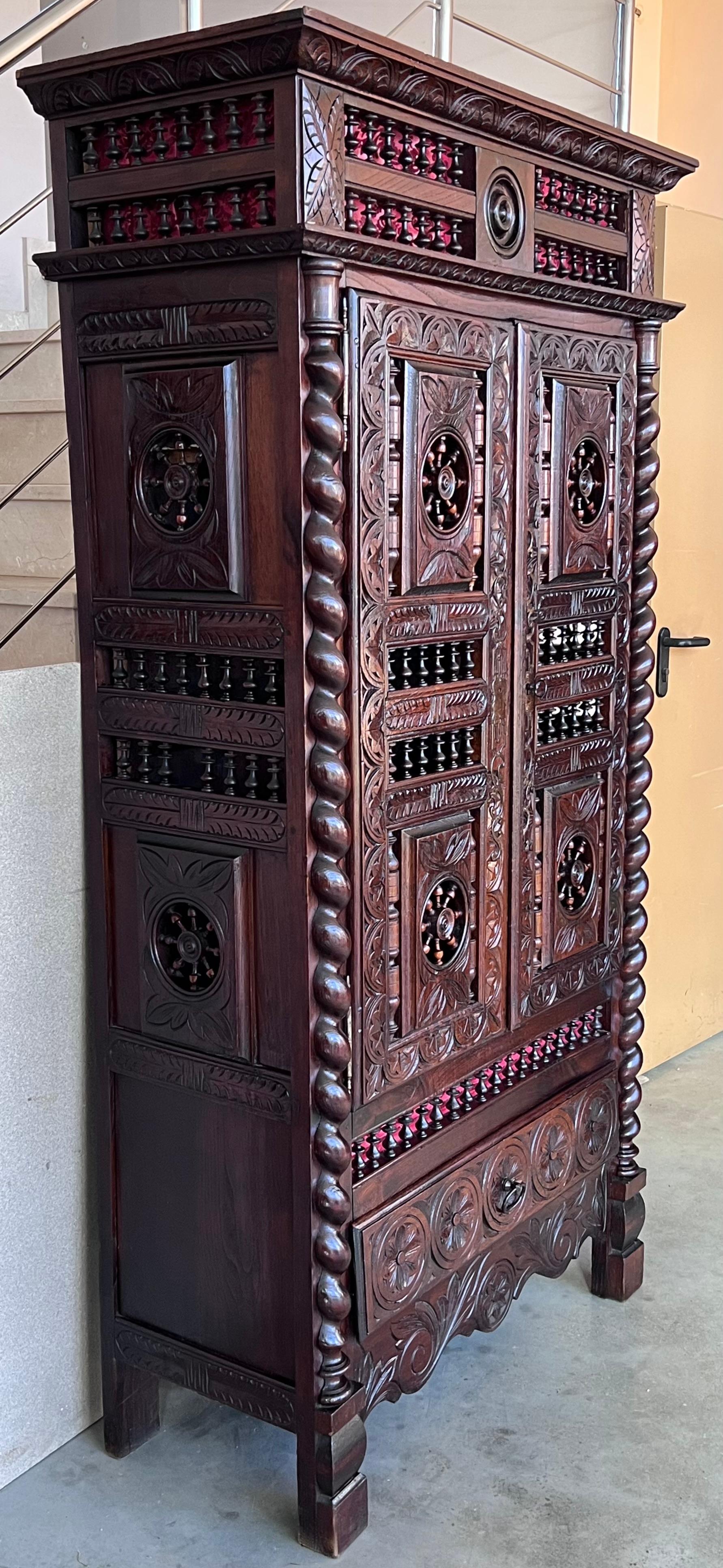 Spanish 19th Ornate Country Hand Carved Armoire or Cupboard