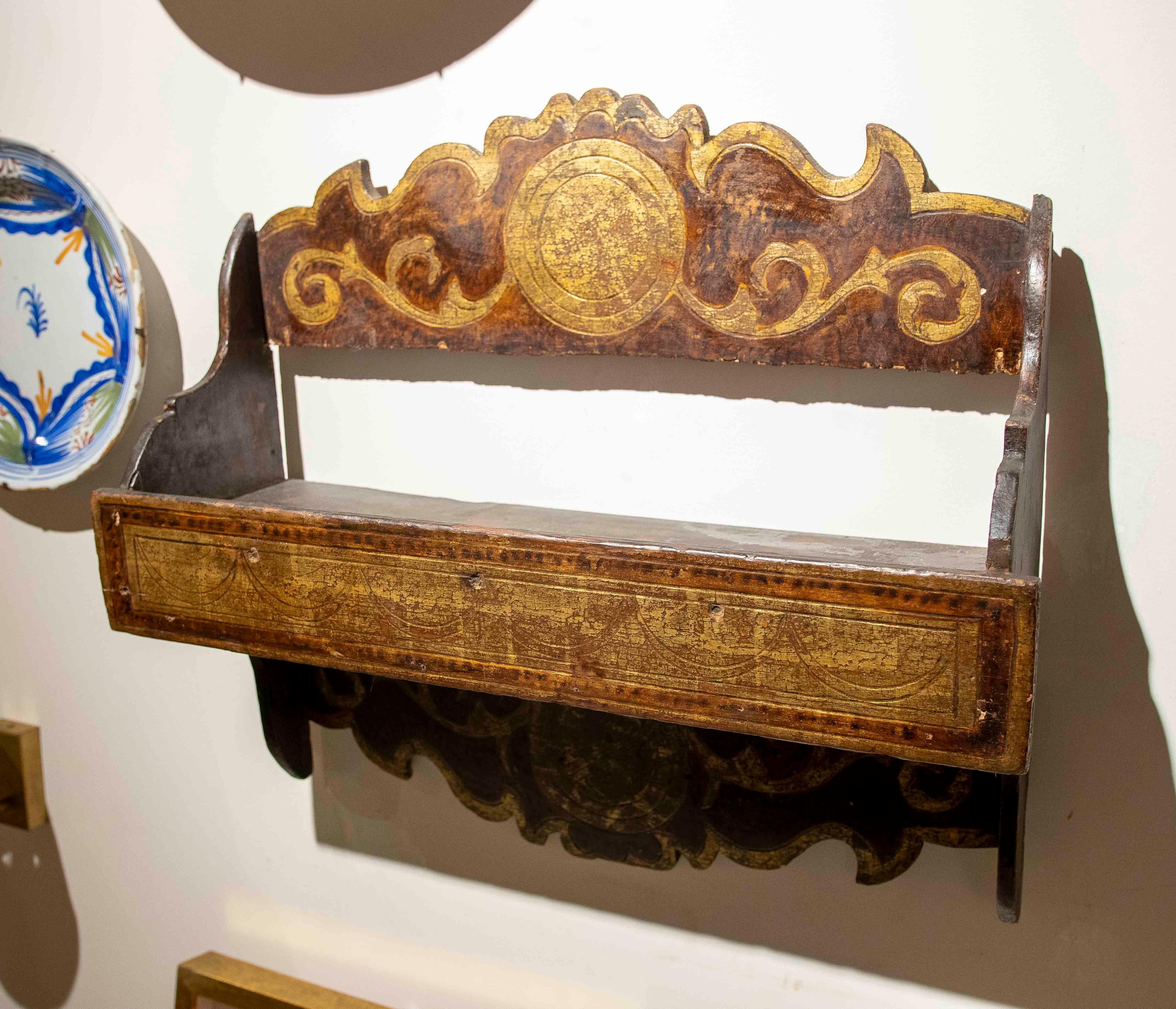 19th Painted and Gilded Wood Antique Spanish Kitchen Spice Rack For Sale 6