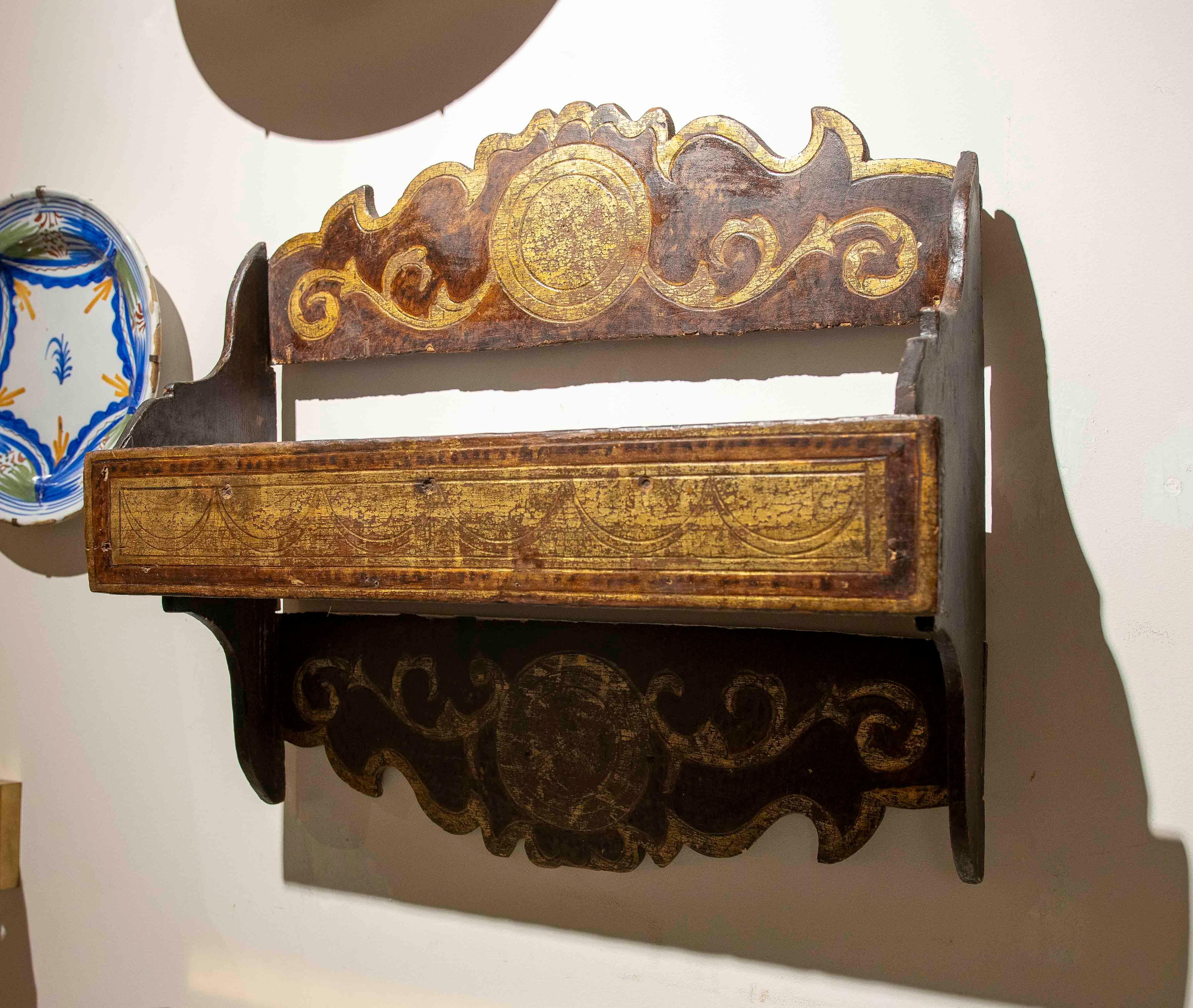 European 19th Painted and Gilded Wood Antique Spanish Kitchen Spice Rack For Sale