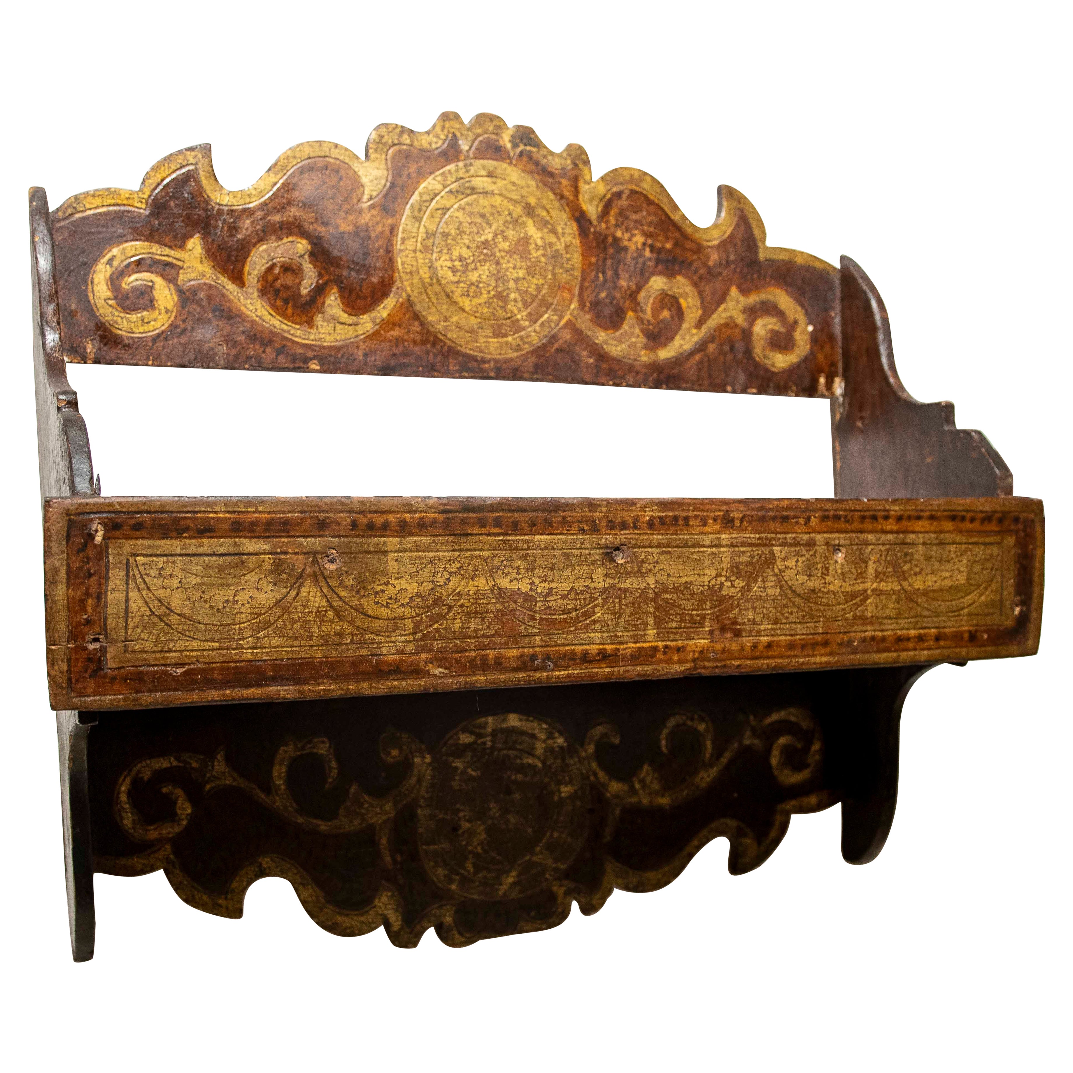 19th Painted and Gilded Wood Antique Spanish Kitchen Spice Rack For Sale