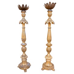 19th Pair of Antique Italian Carved and Gilded Wood Candlesticks