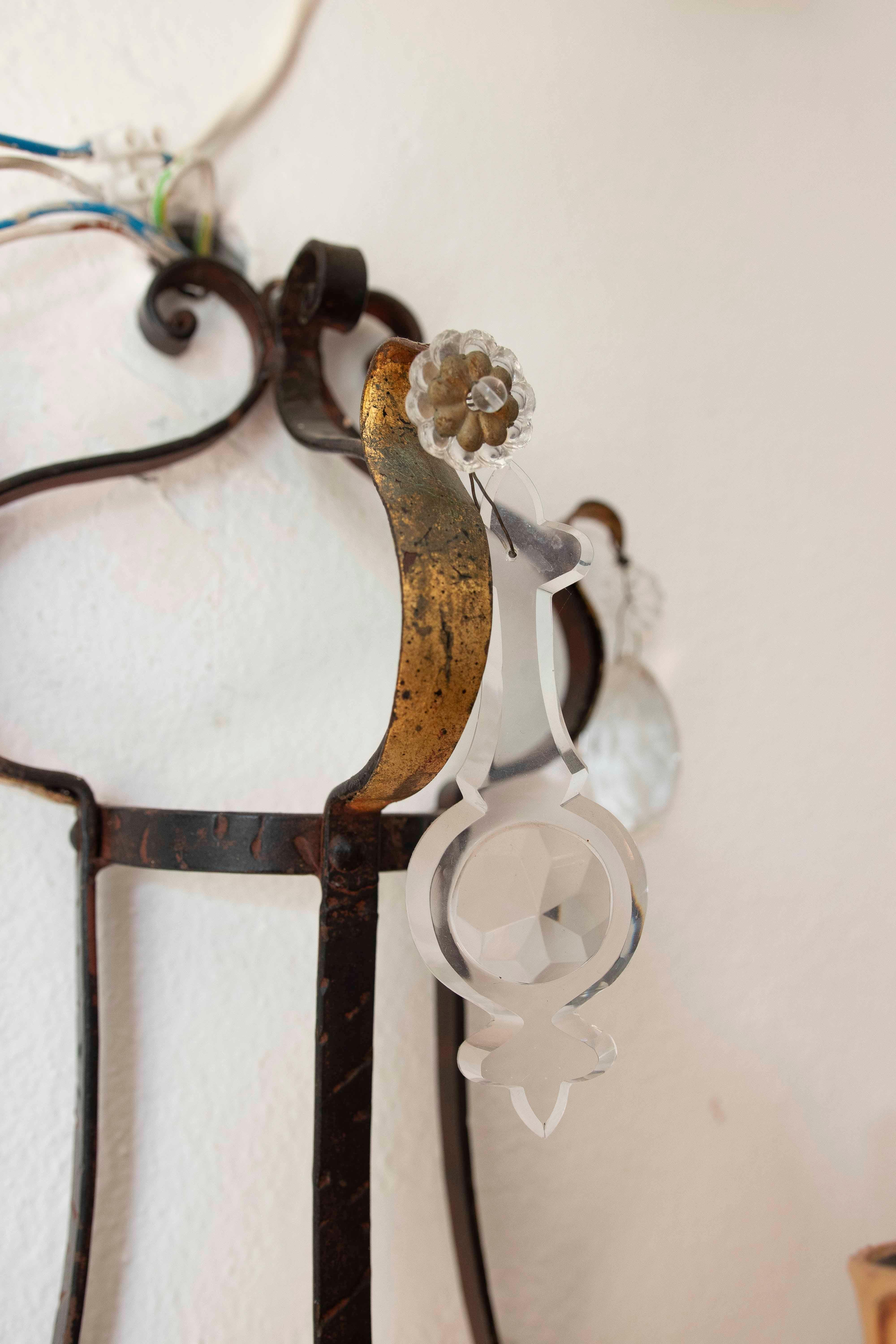 19th Pair of Antique Wrought Iron Wall Sconces with Cut Crystals For Sale 4