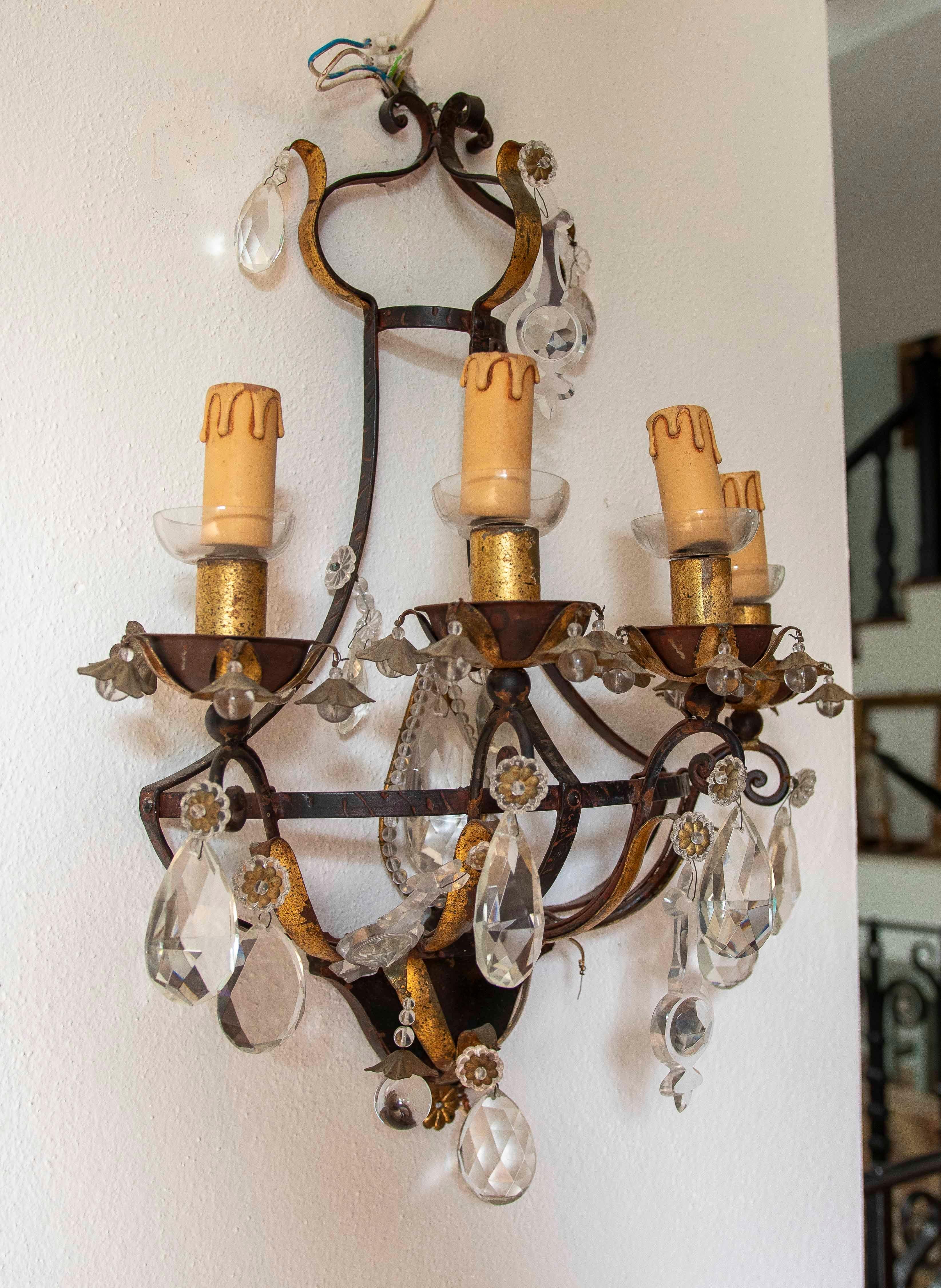 19th Pair of Antique Wrought Iron Wall Sconces with Cut Crystals For Sale 5