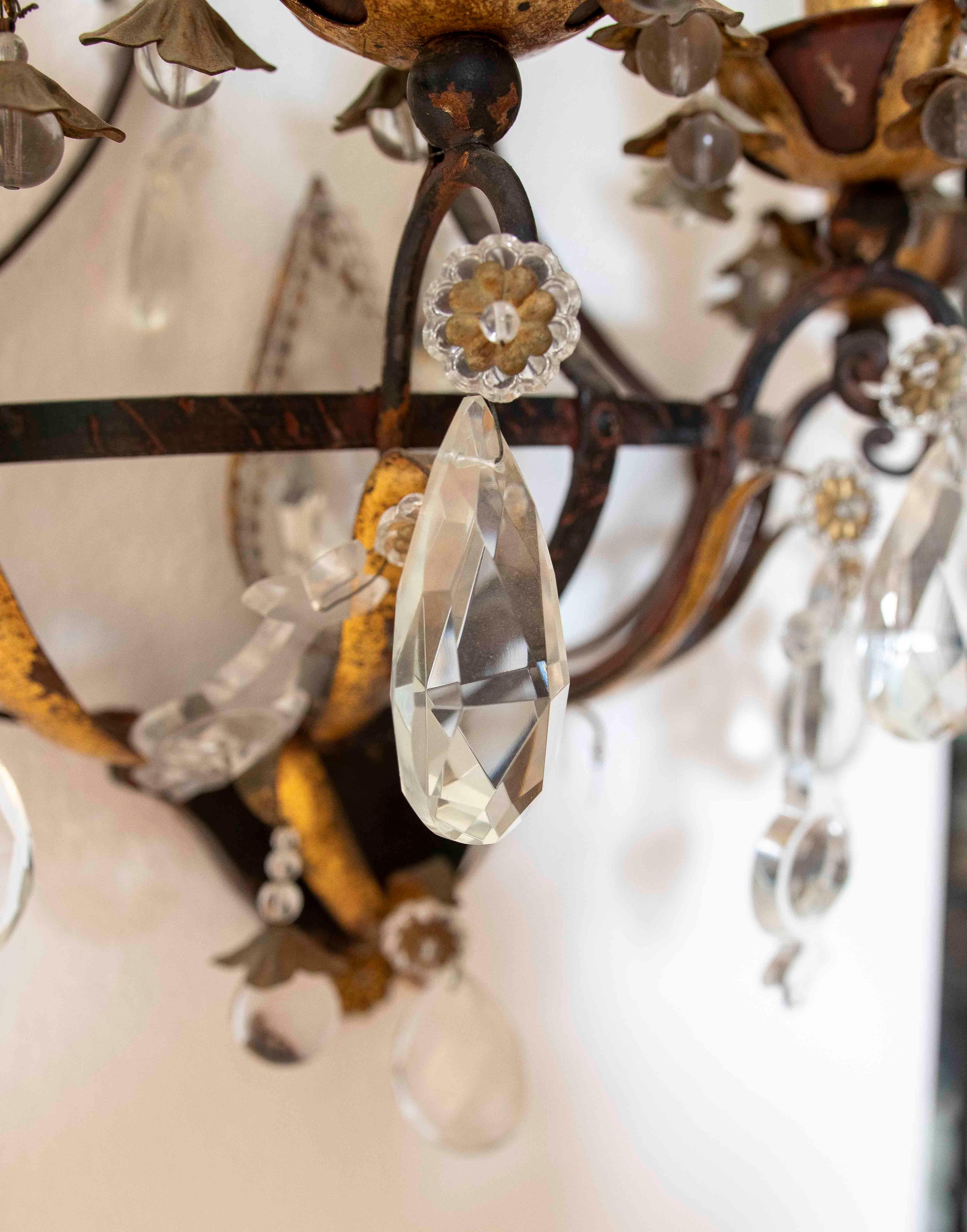 19th Pair of Antique Wrought Iron Wall Sconces with Cut Crystals For Sale 7