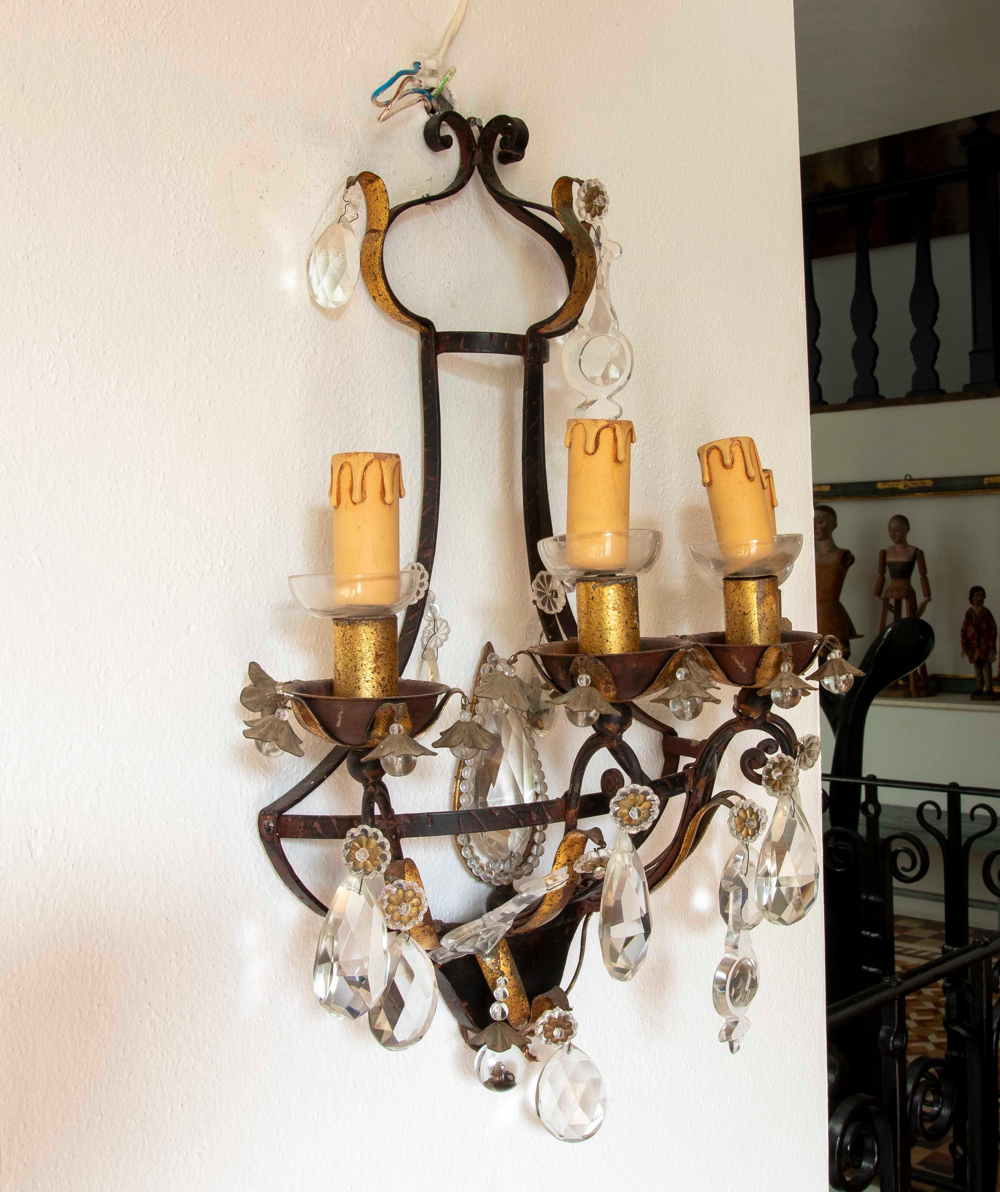 19th Pair of Antique Wrought Iron Wall Sconces with Cut Crystals For Sale 9
