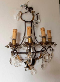 19th Pair of Antique Wrought Iron Wall Sconces with Cut Crystals