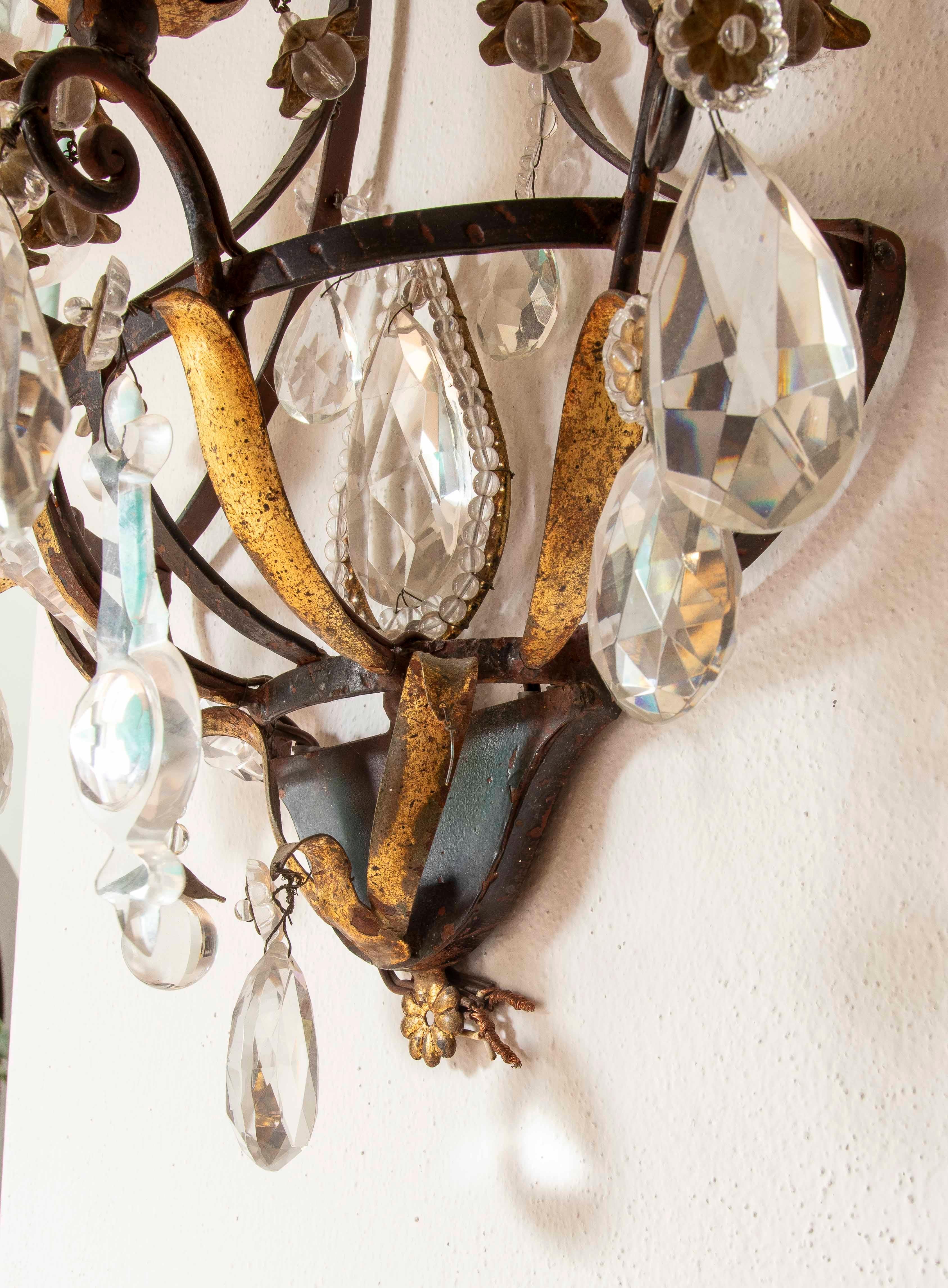19th Century 19th Pair of Antique Wrought Iron Wall Sconces with Cut Crystals For Sale