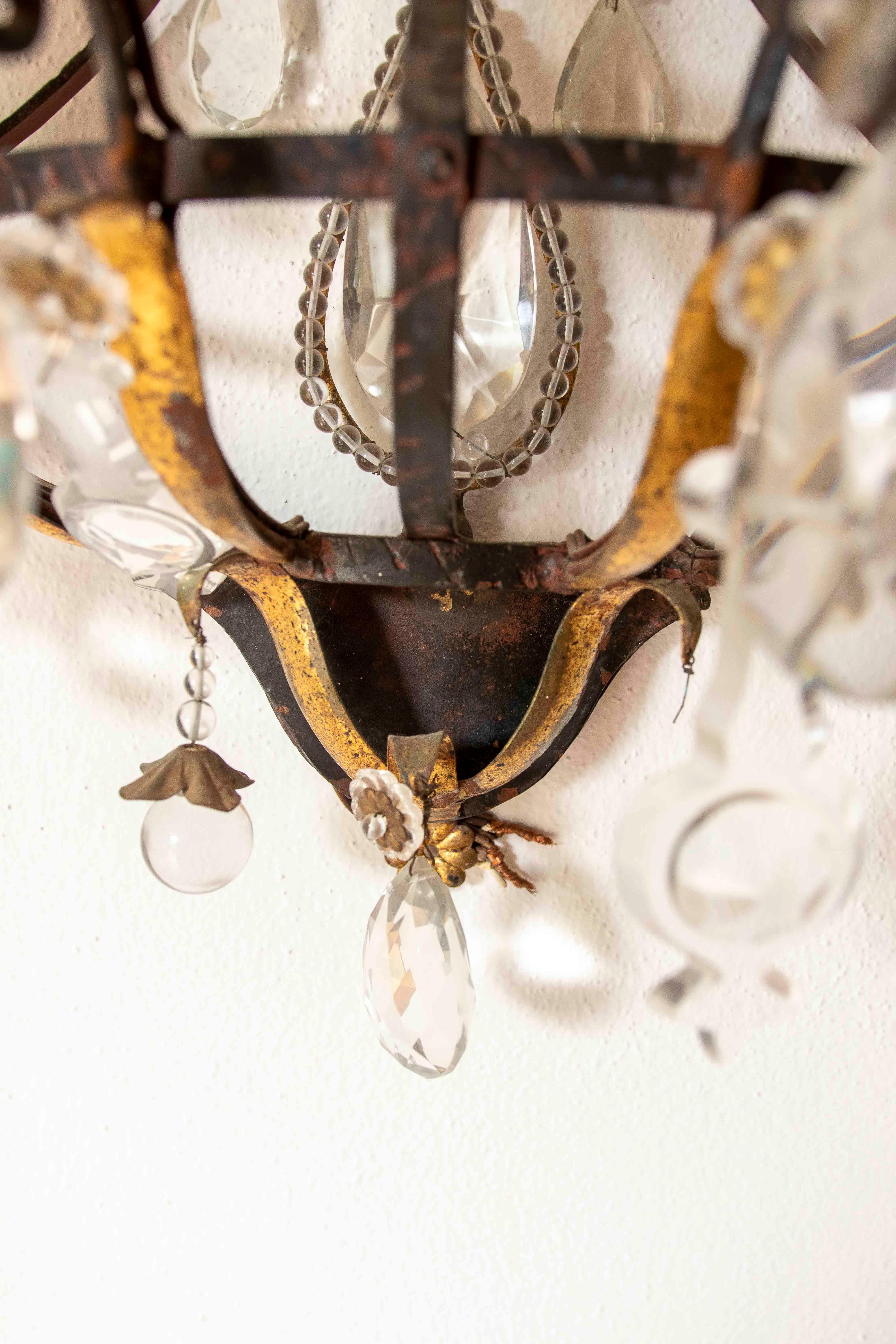 Glass 19th Pair of Antique Wrought Iron Wall Sconces with Cut Crystals For Sale