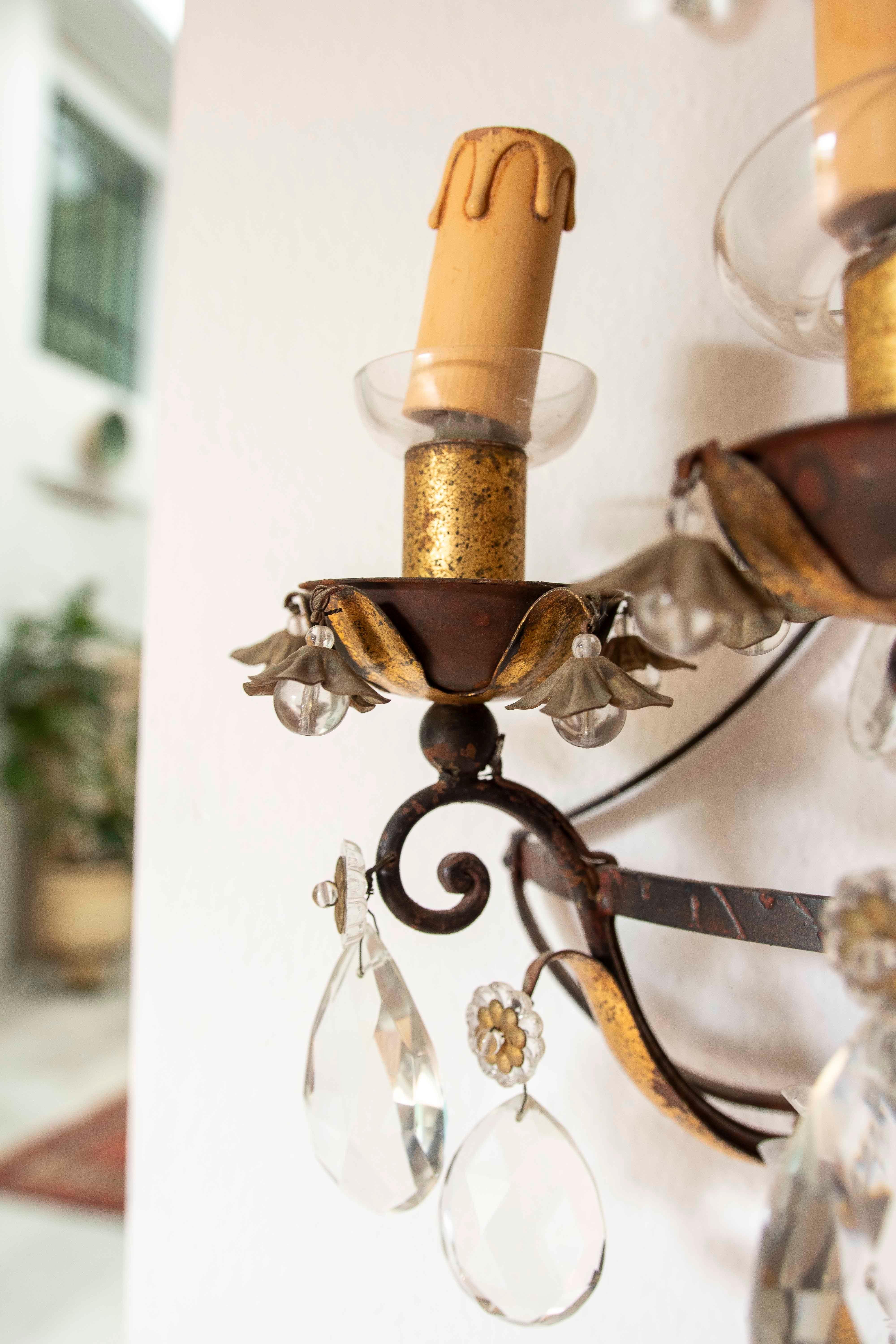 19th Pair of Antique Wrought Iron Wall Sconces with Cut Crystals For Sale 1