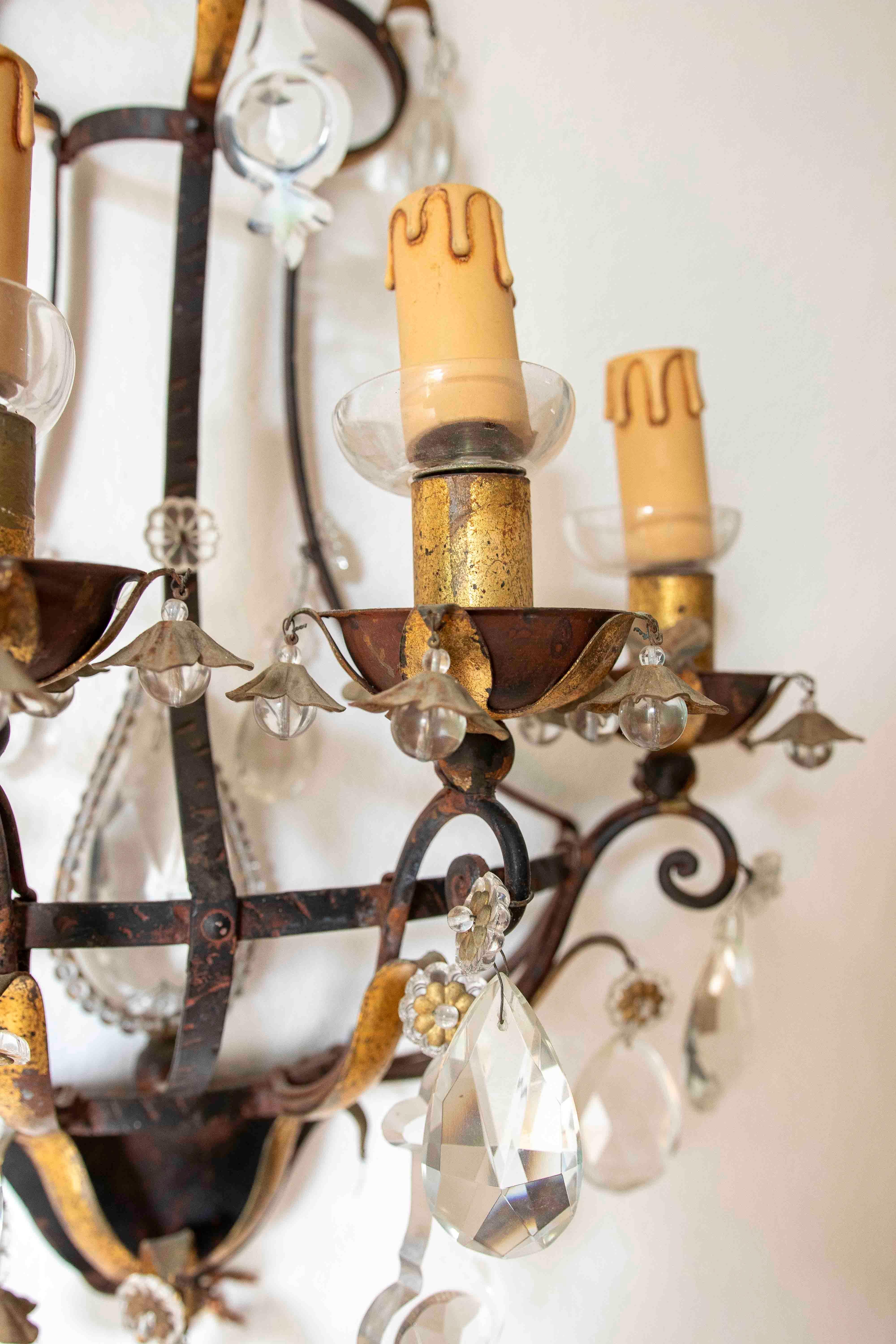19th Pair of Antique Wrought Iron Wall Sconces with Cut Crystals For Sale 2