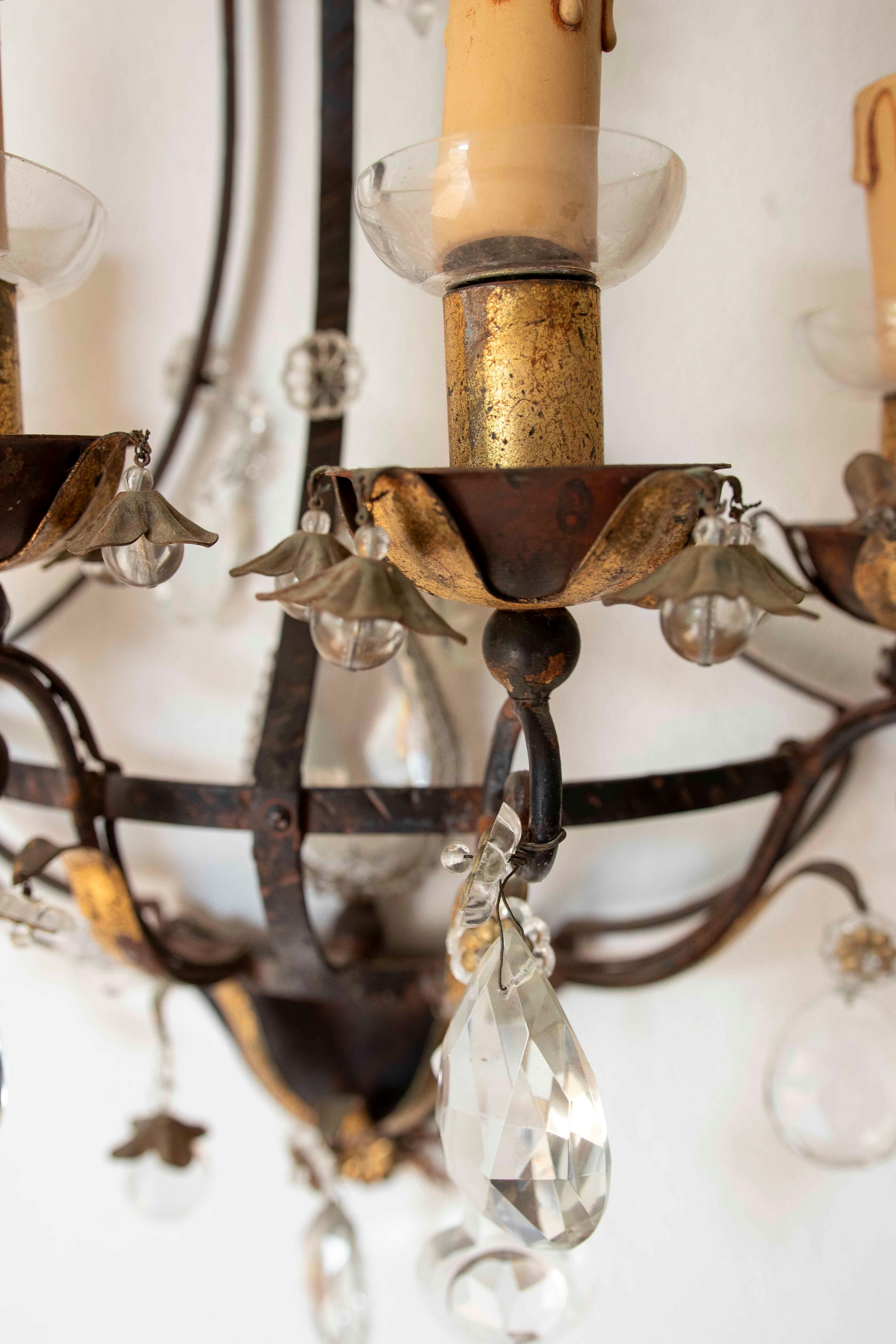 19th Pair of Antique Wrought Iron Wall Sconces with Cut Crystals For Sale 3