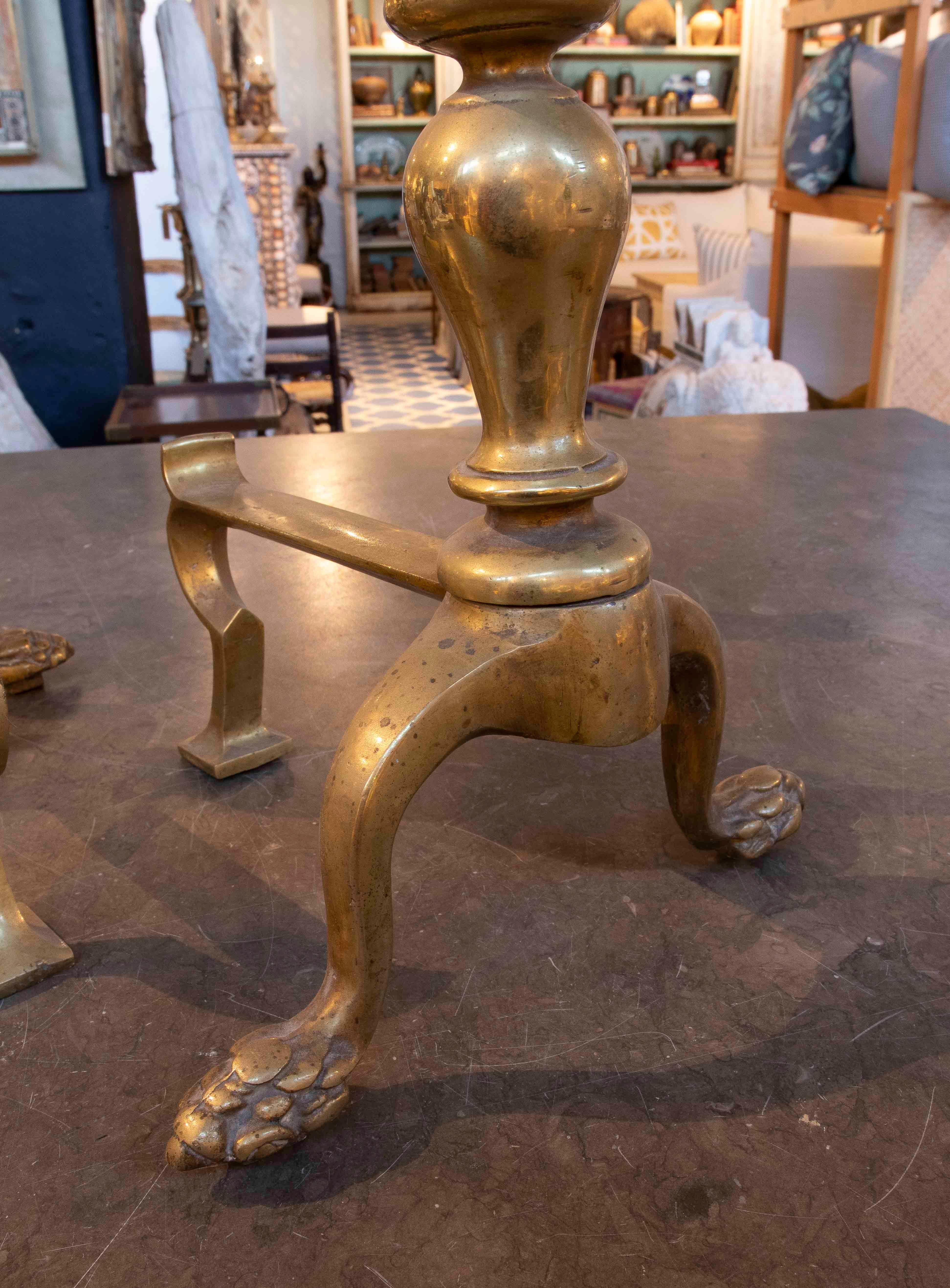 19th Century 19th Pair of Brass Andirons with Claw Feet For Sale
