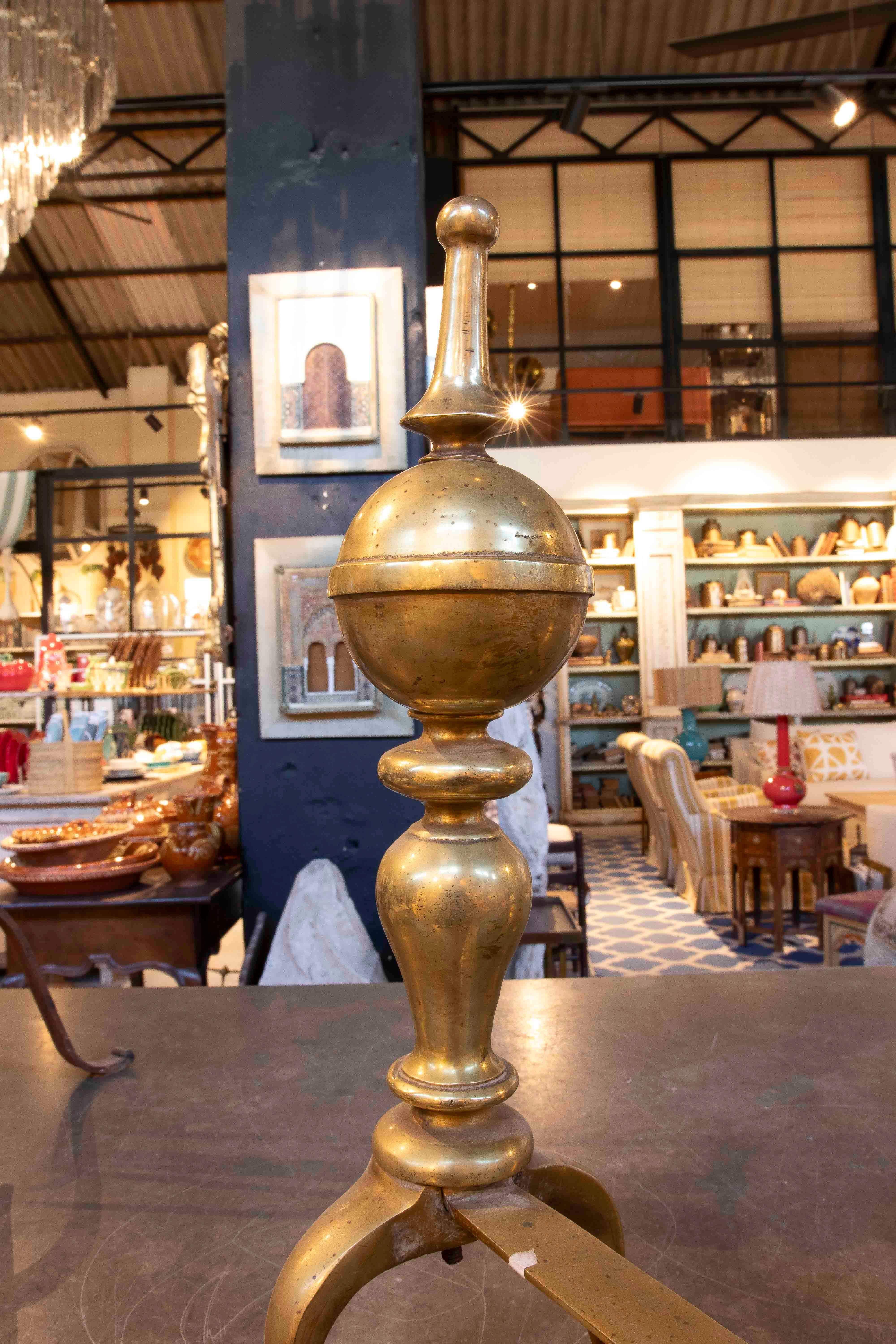 Bronze 19th Pair of Brass Andirons with Claw Feet For Sale