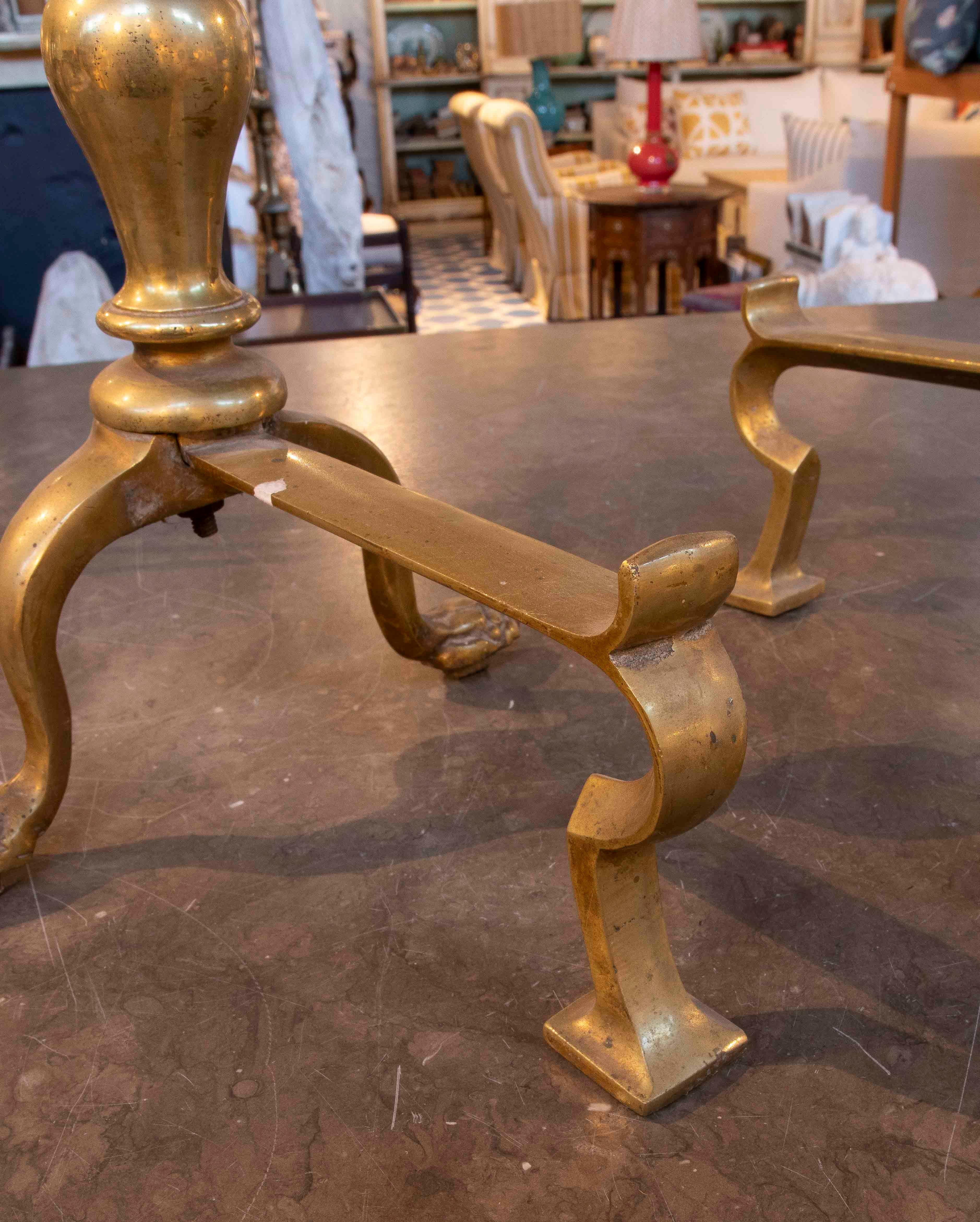 19th Pair of Brass Andirons with Claw Feet For Sale 1