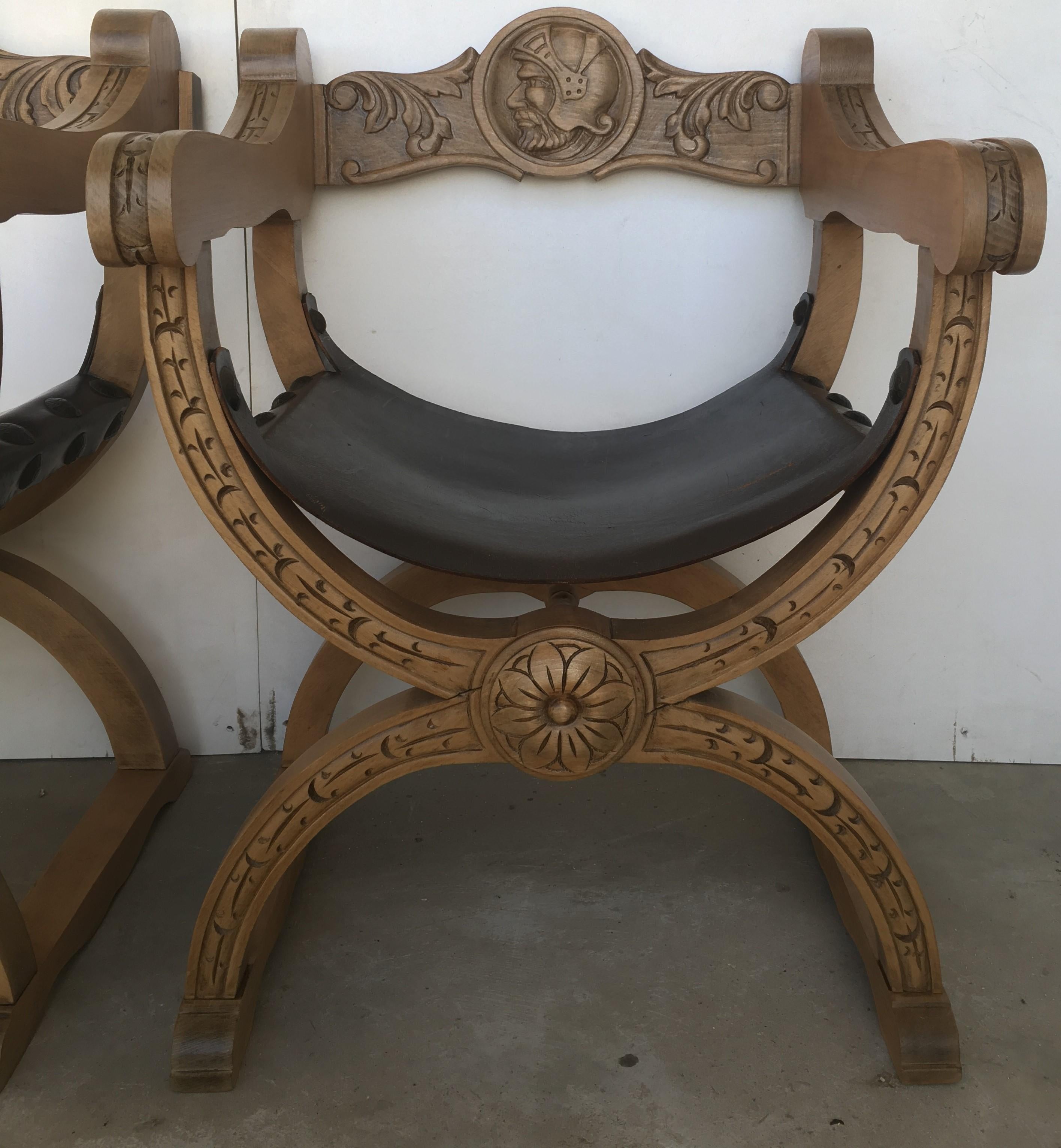 19th Pair of Carved Walnut Leather Savonarola Bench or Settee 3