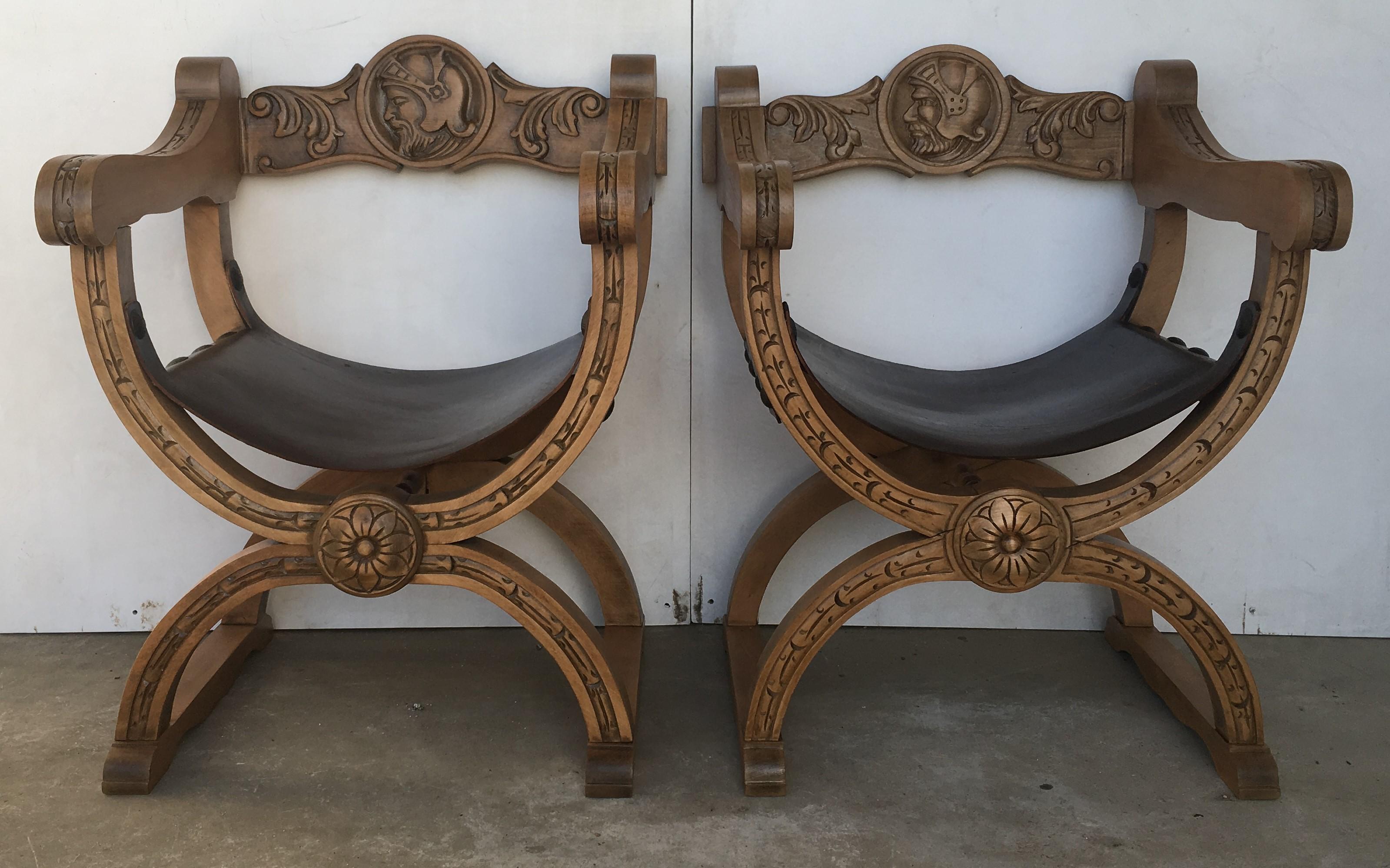 Baroque 19th Pair of Carved Walnut Leather Savonarola Bench or Settee