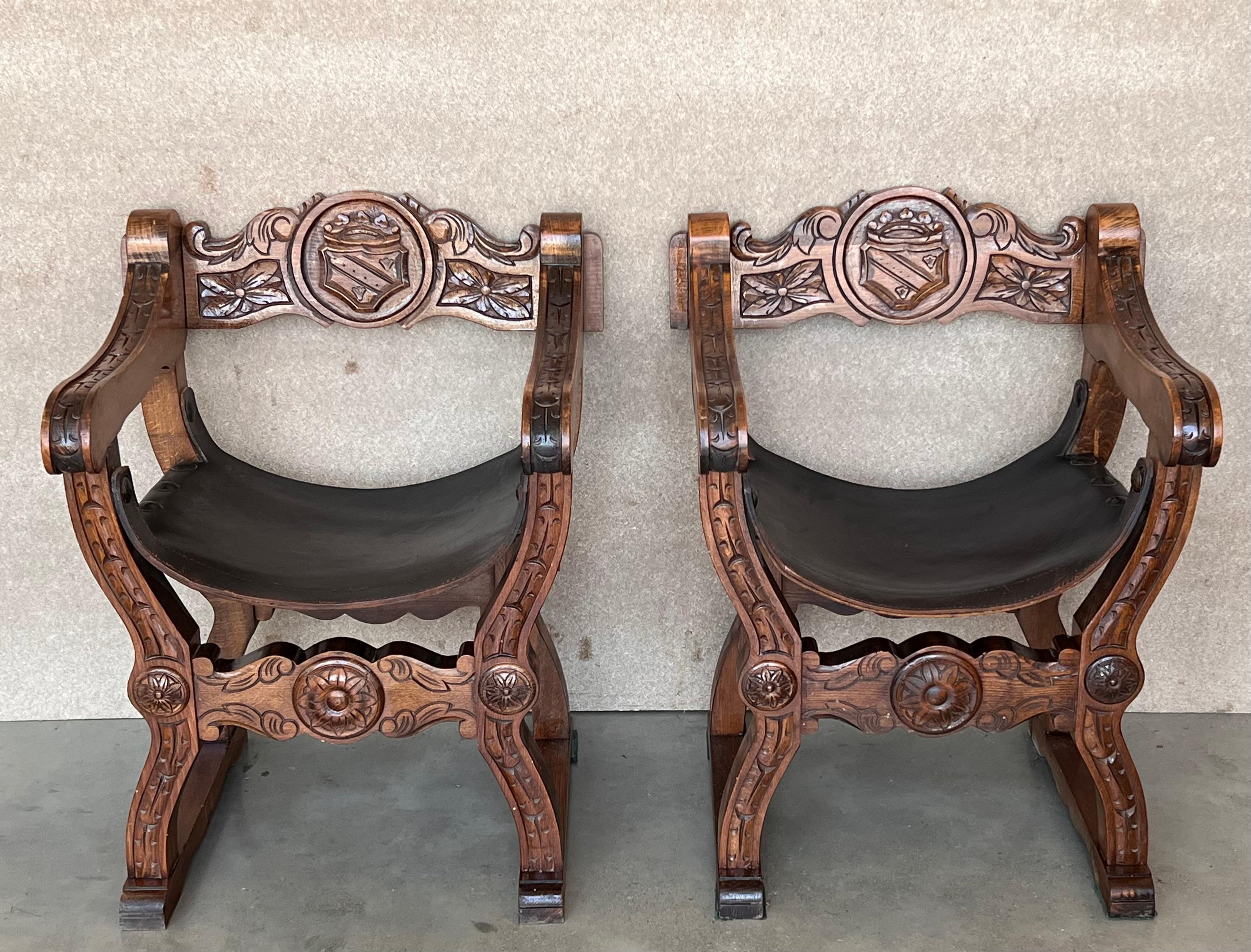 Baroque 19th Pair of Carved Walnut Leather Savonarola Bench or Settee For Sale