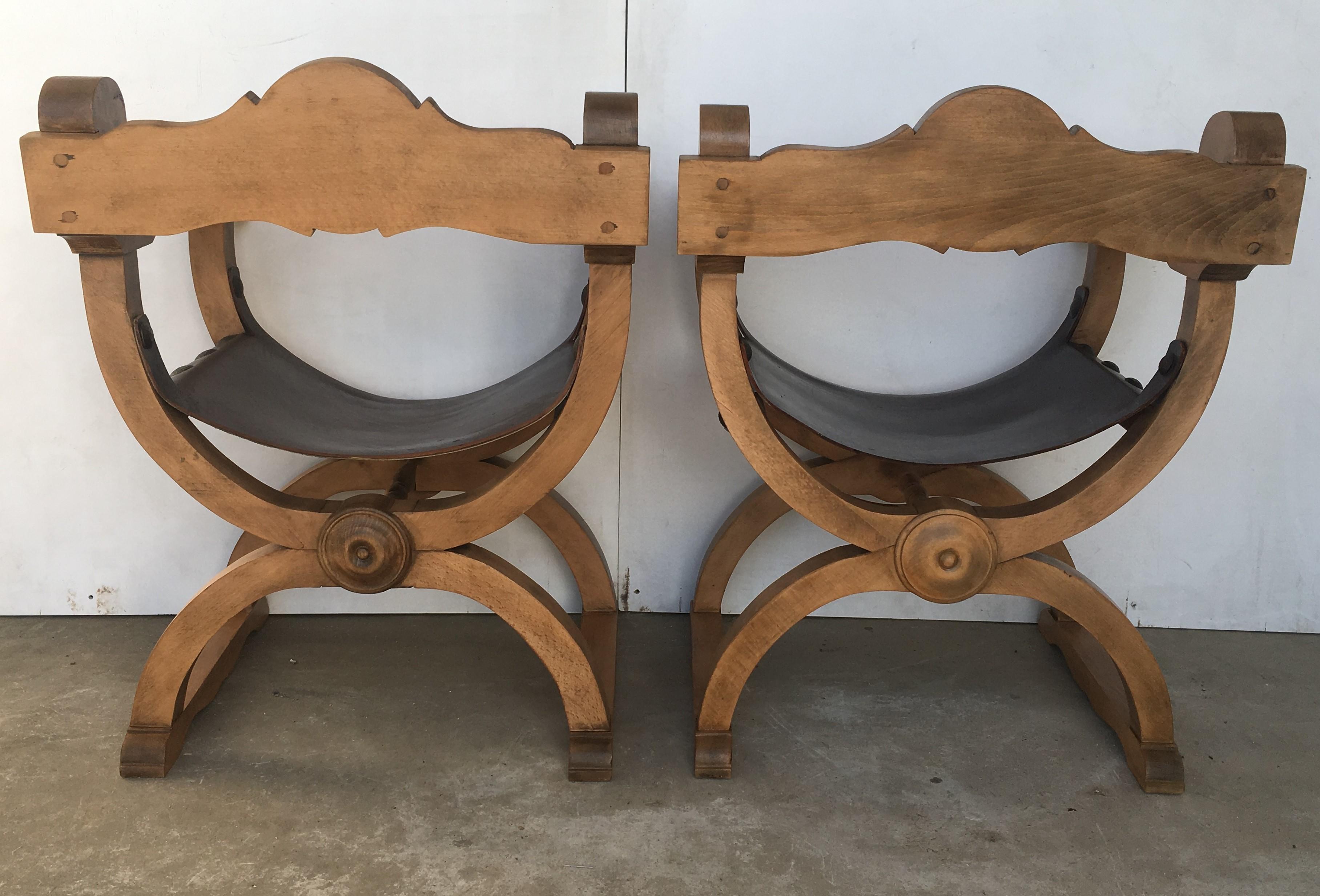 Hand-Carved 19th Pair of Carved Walnut Leather Savonarola Bench or Settee