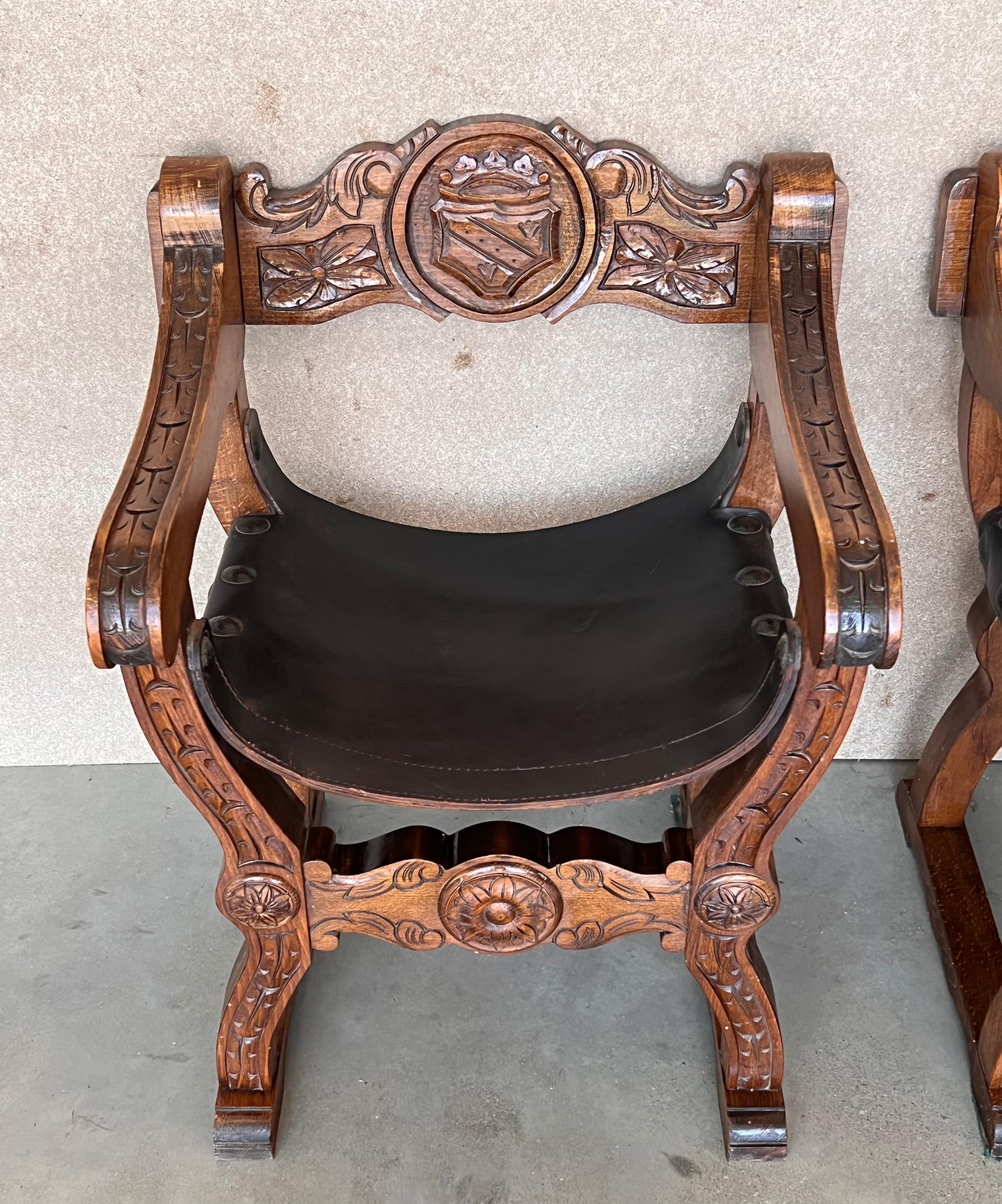 19th Pair of Carved Walnut Leather Savonarola Bench or Settee In Good Condition For Sale In Miami, FL