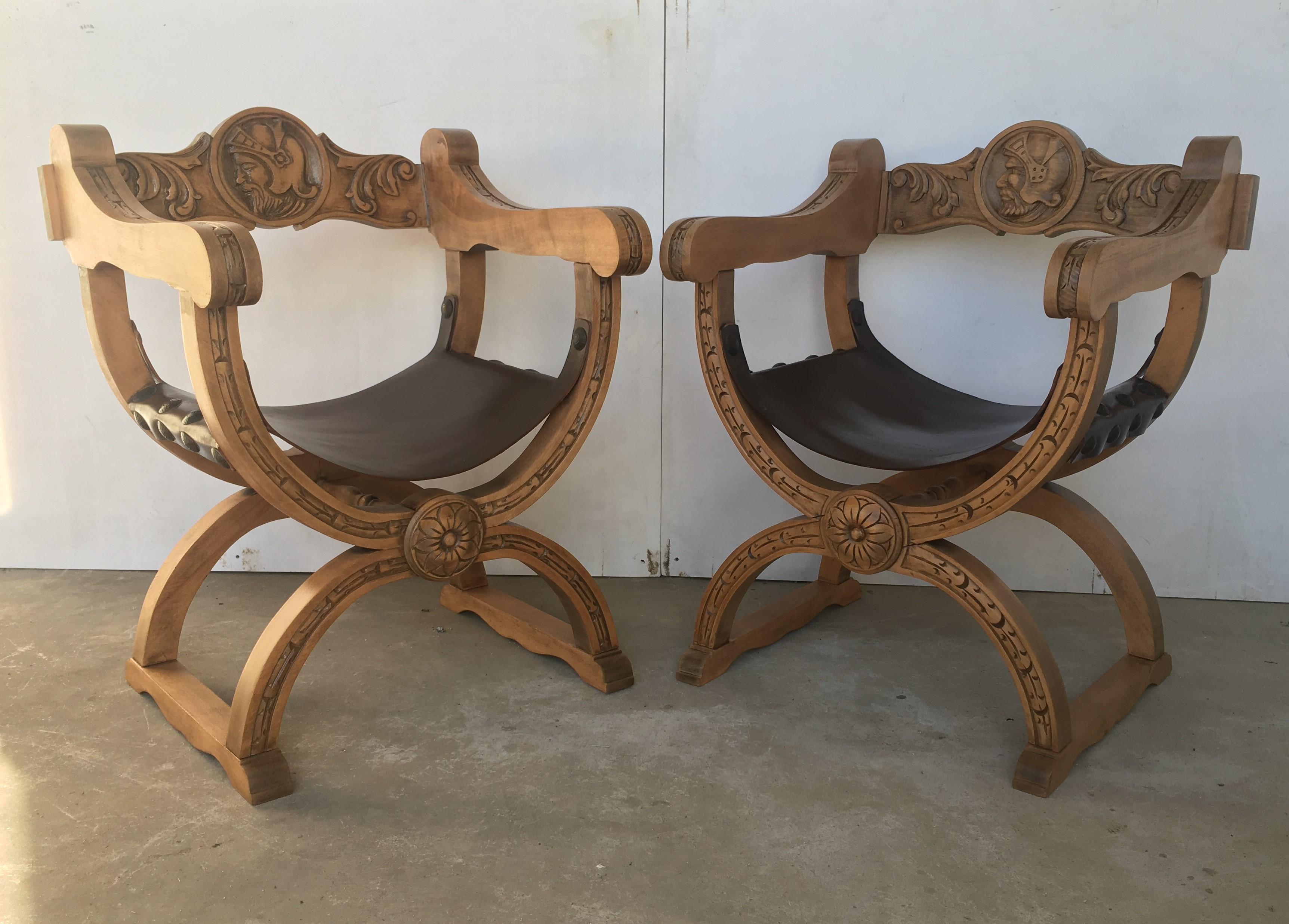19th Century 19th Pair of Carved Walnut Leather Savonarola Bench or Settee