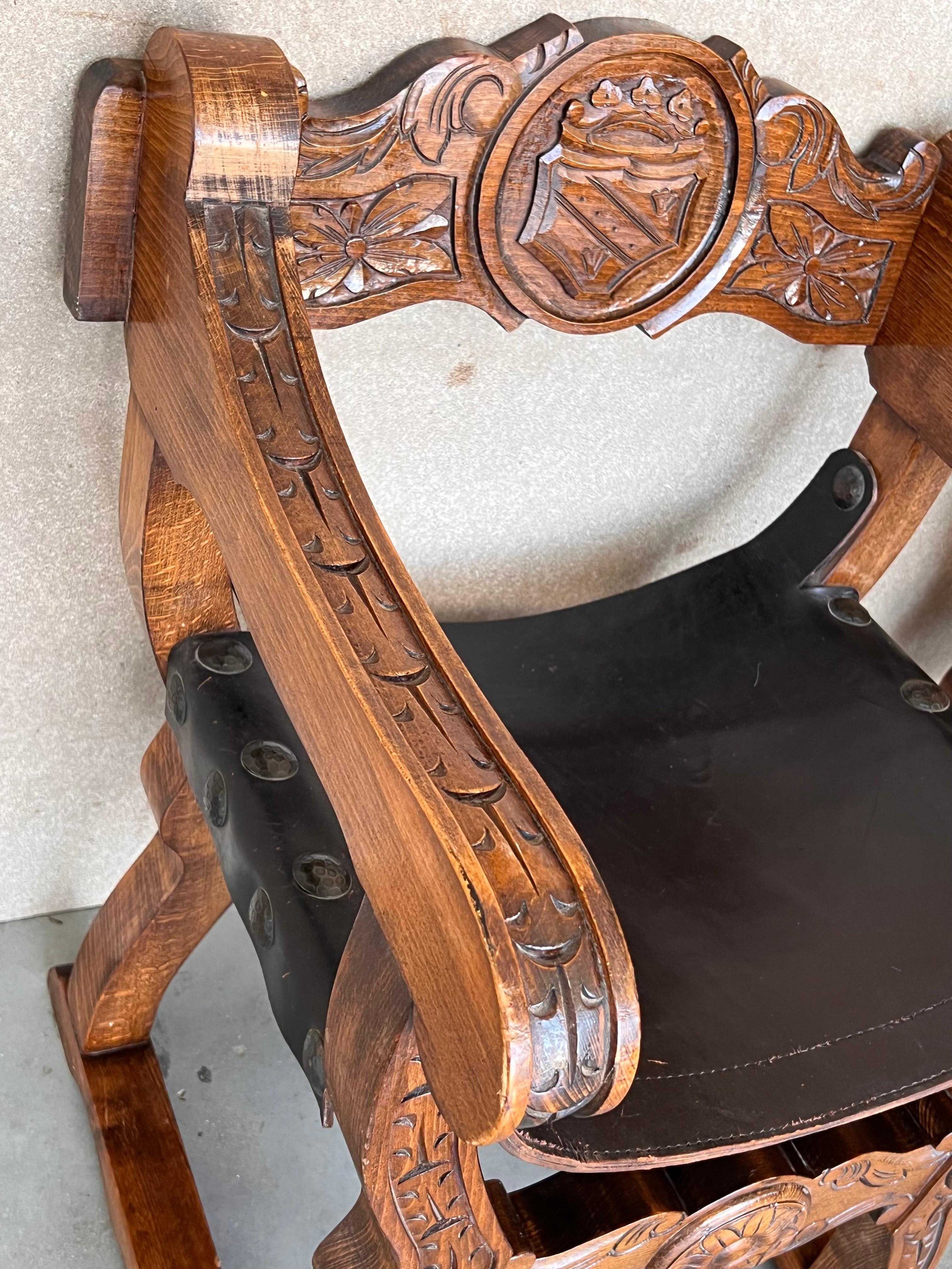 19th Century 19th Pair of Carved Walnut Leather Savonarola Bench or Settee For Sale