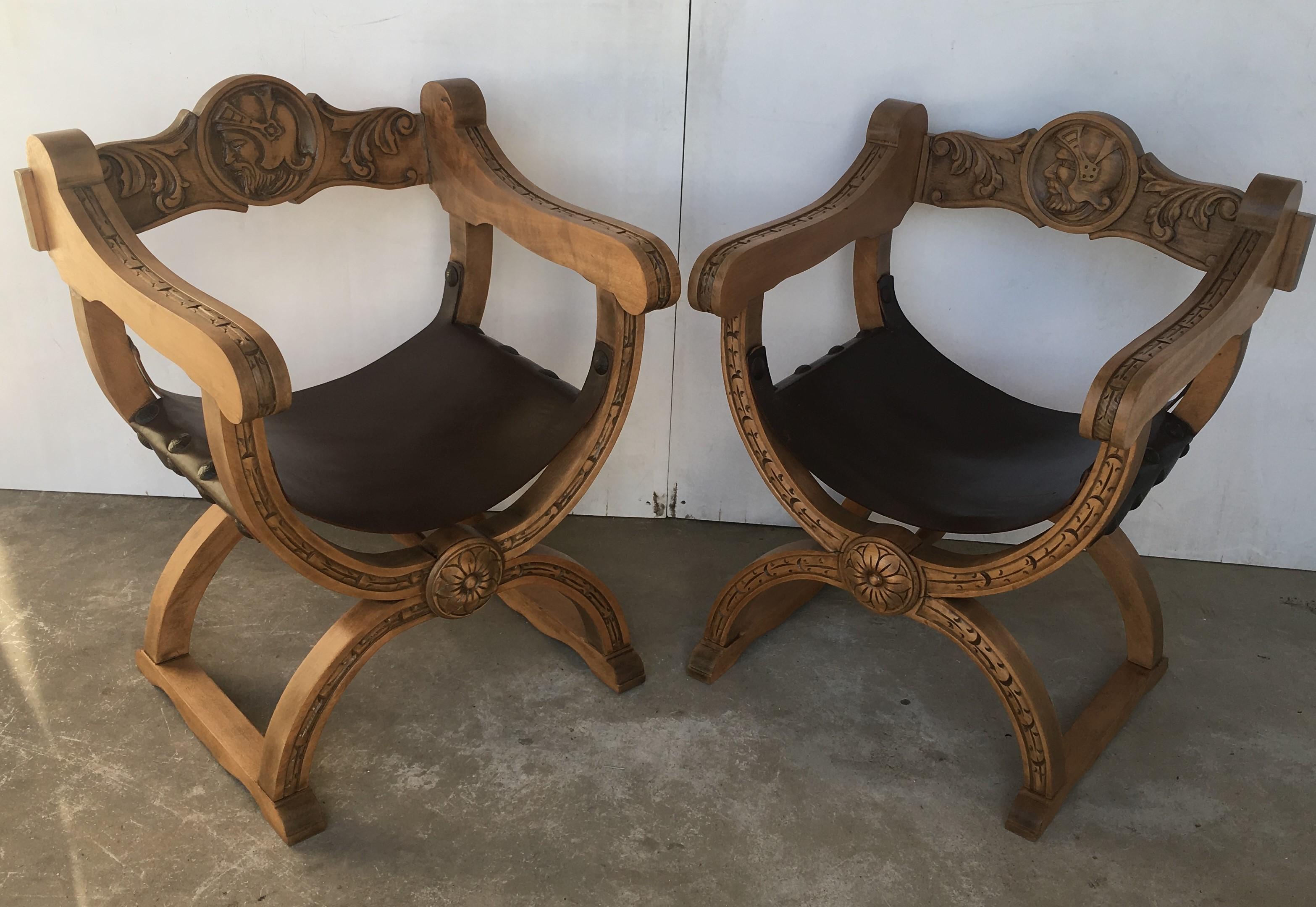 19th Pair of Carved Walnut Leather Savonarola Bench or Settee 1